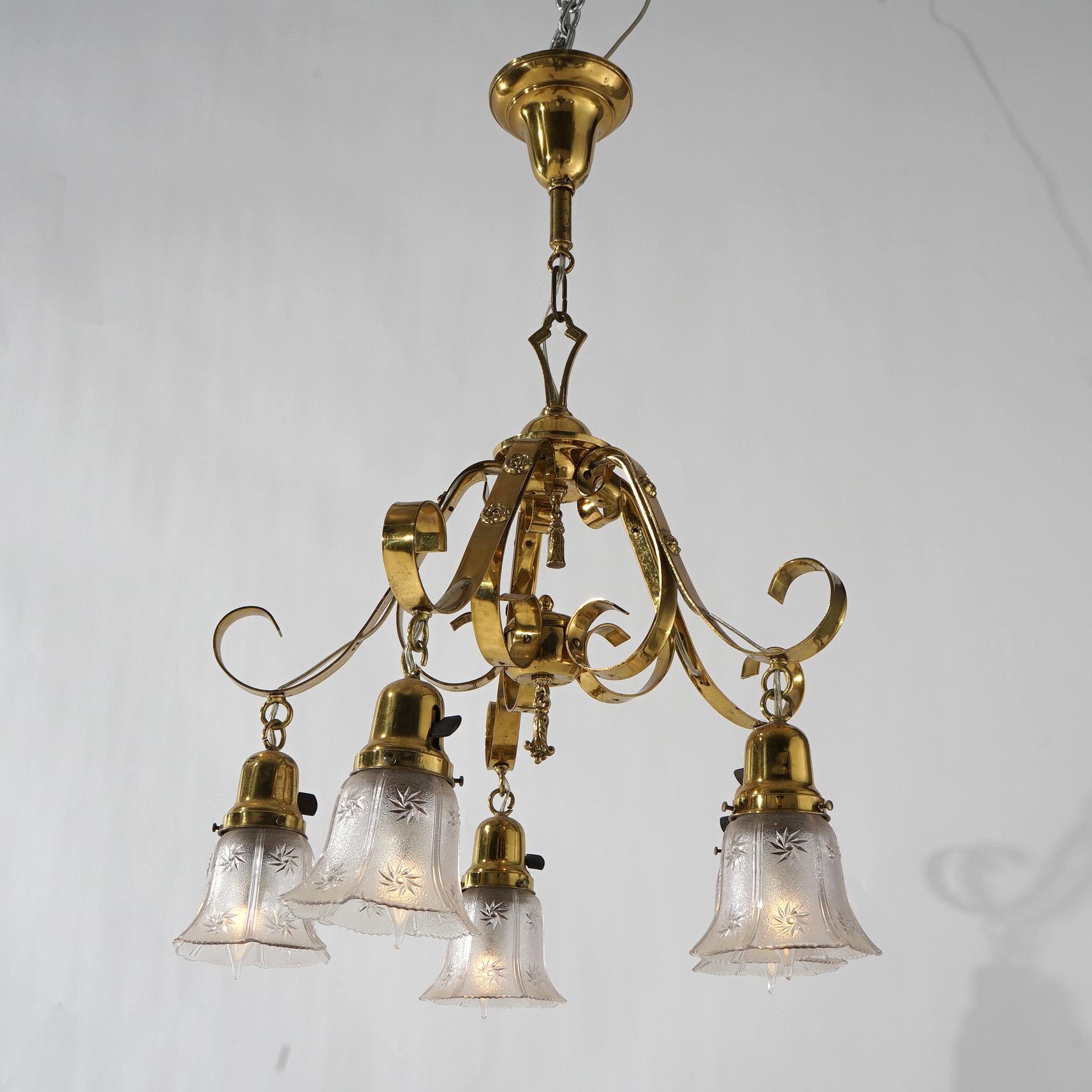 20th Century Antique Arts & Crafts Gilt Metal & Brass Hanging Fixture, Embossed Shades c1920 For Sale