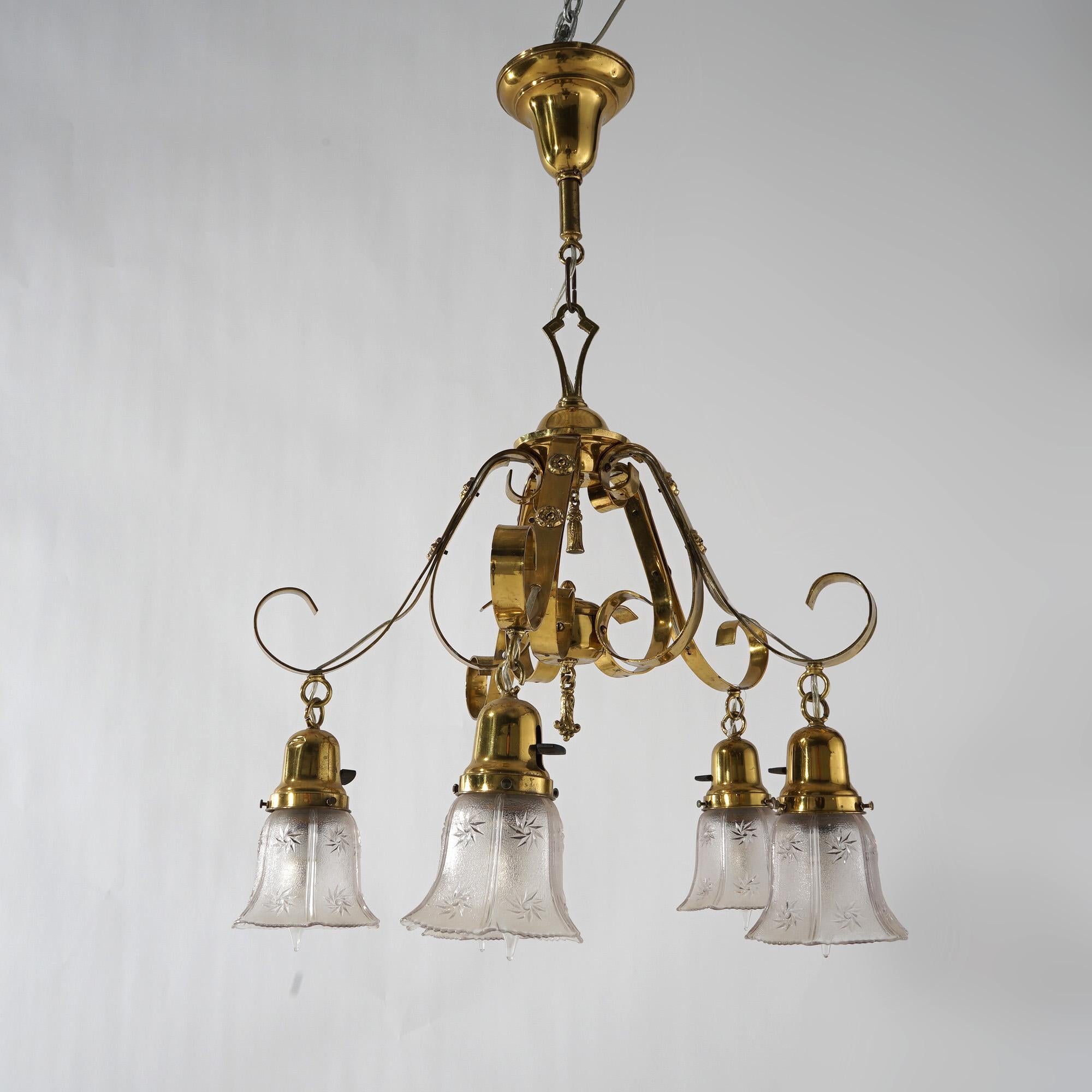 Antique Arts & Crafts Gilt Metal & Brass Hanging Fixture, Embossed Shades c1920 For Sale 1