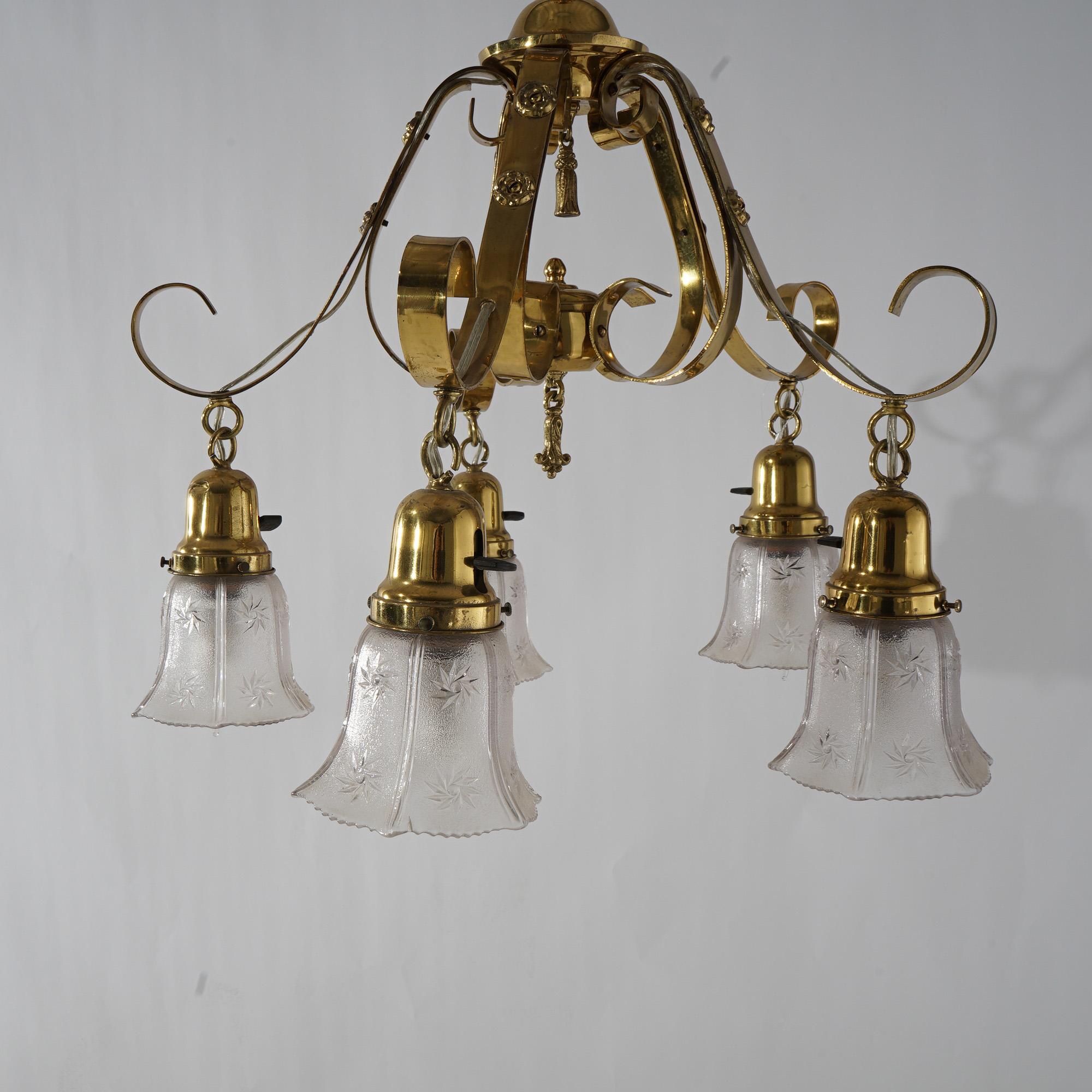 Antique Arts & Crafts Gilt Metal & Brass Hanging Fixture, Embossed Shades c1920 For Sale 2