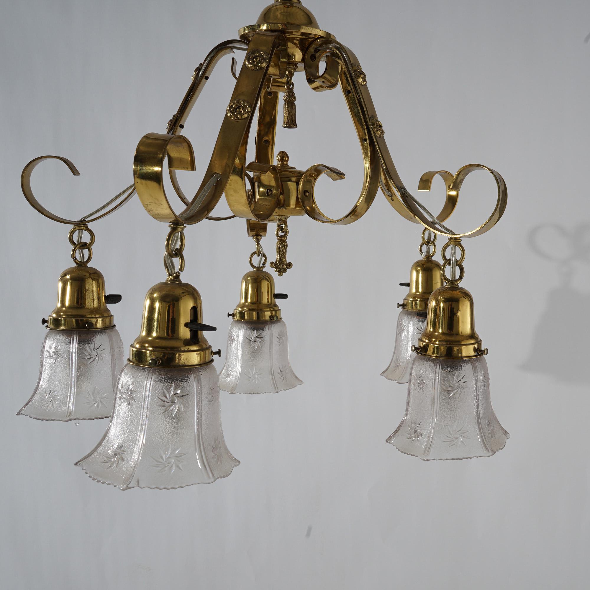 Antique Arts & Crafts Gilt Metal & Brass Hanging Fixture, Embossed Shades c1920 For Sale 3