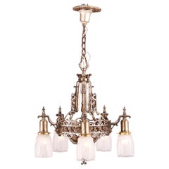 Antique Arts & Crafts Gilt Metal Five-Light Hanging Chandelier, Circa 1915