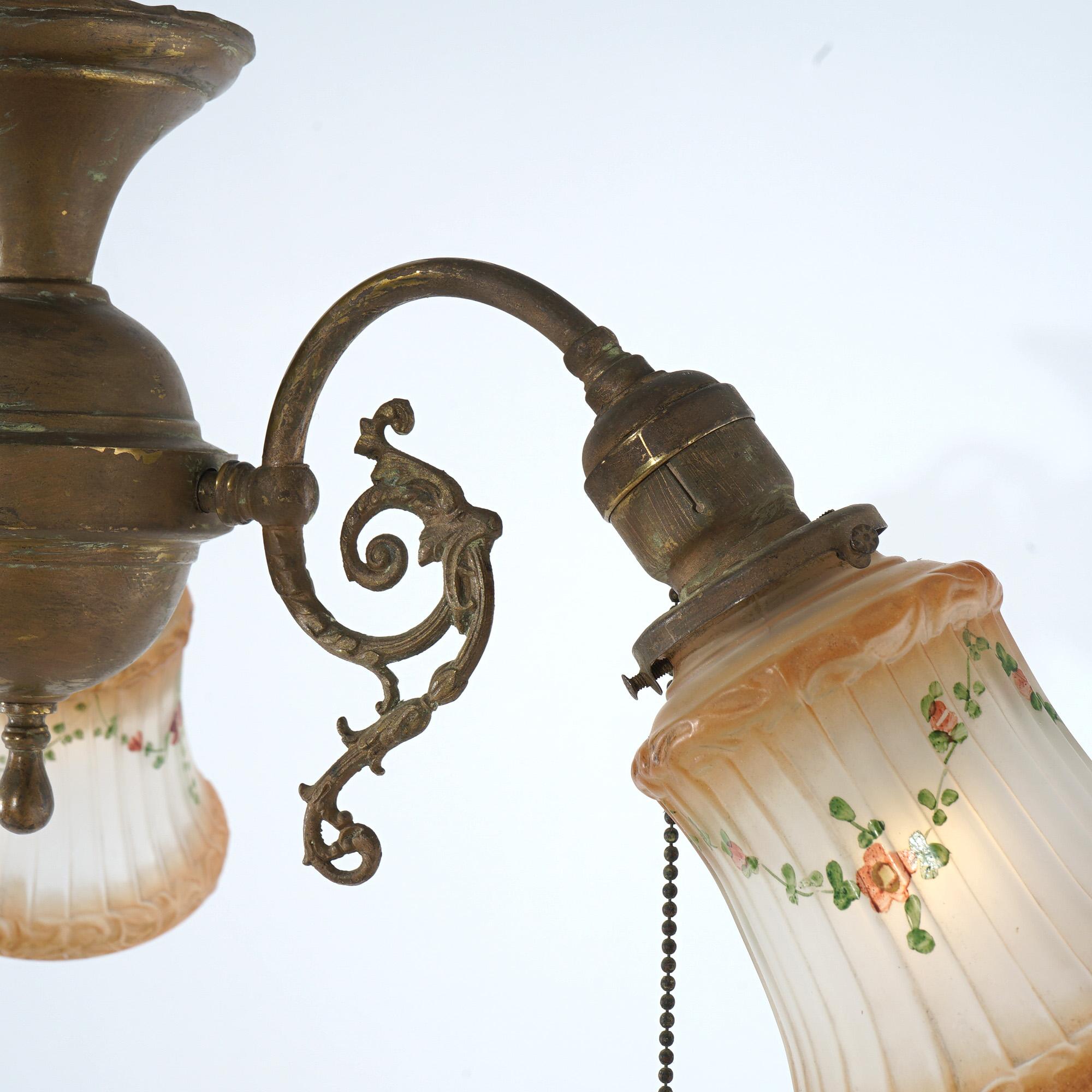 Antique Arts & Crafts Gilt Metal Three-Light Hanging Fixture Circa 1910 For Sale 4