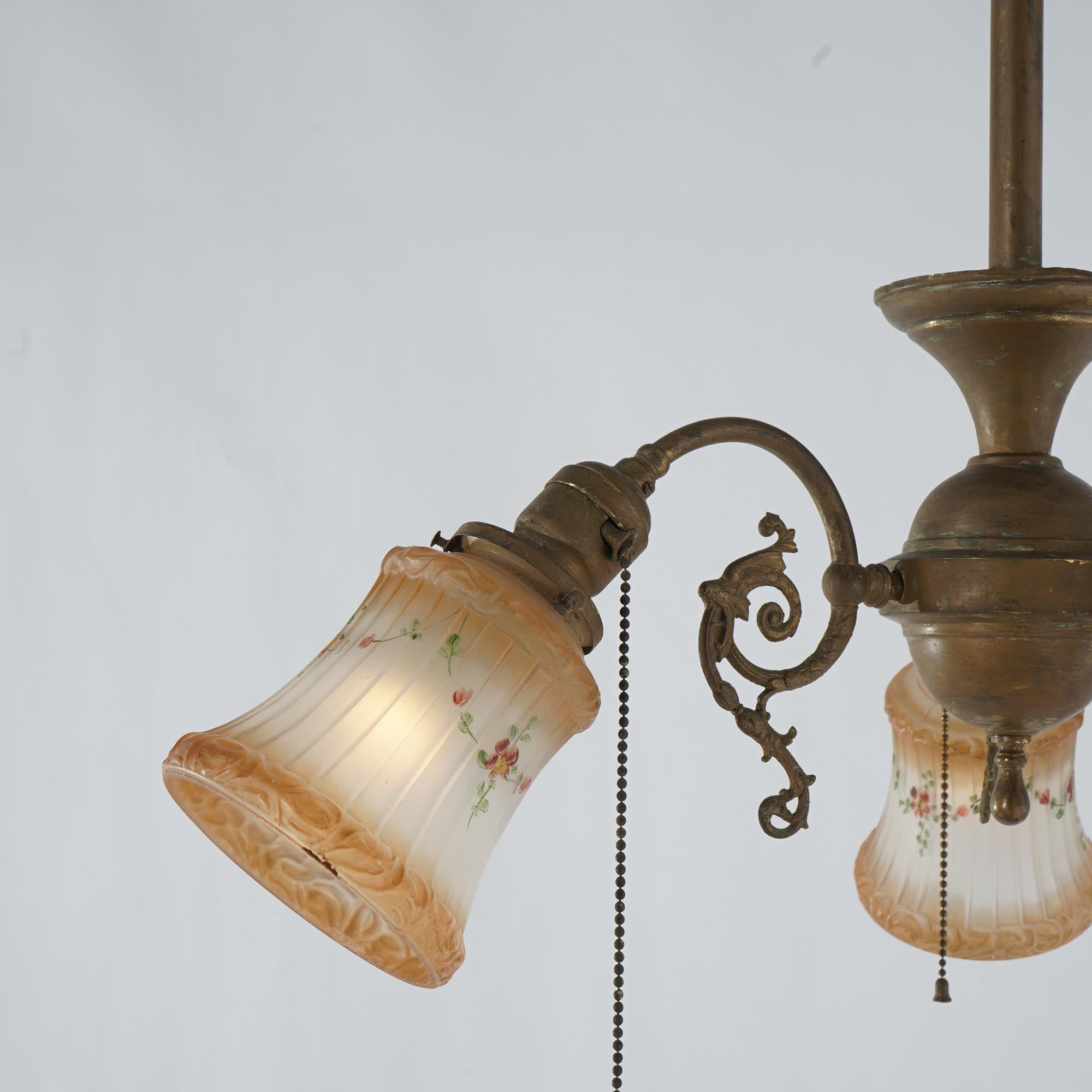 Antique Arts & Crafts Gilt Metal Three-Light Hanging Fixture Circa 1910 5