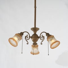 Antique Arts & Crafts Gilt Metal Three-Light Hanging Fixture Circa 1910