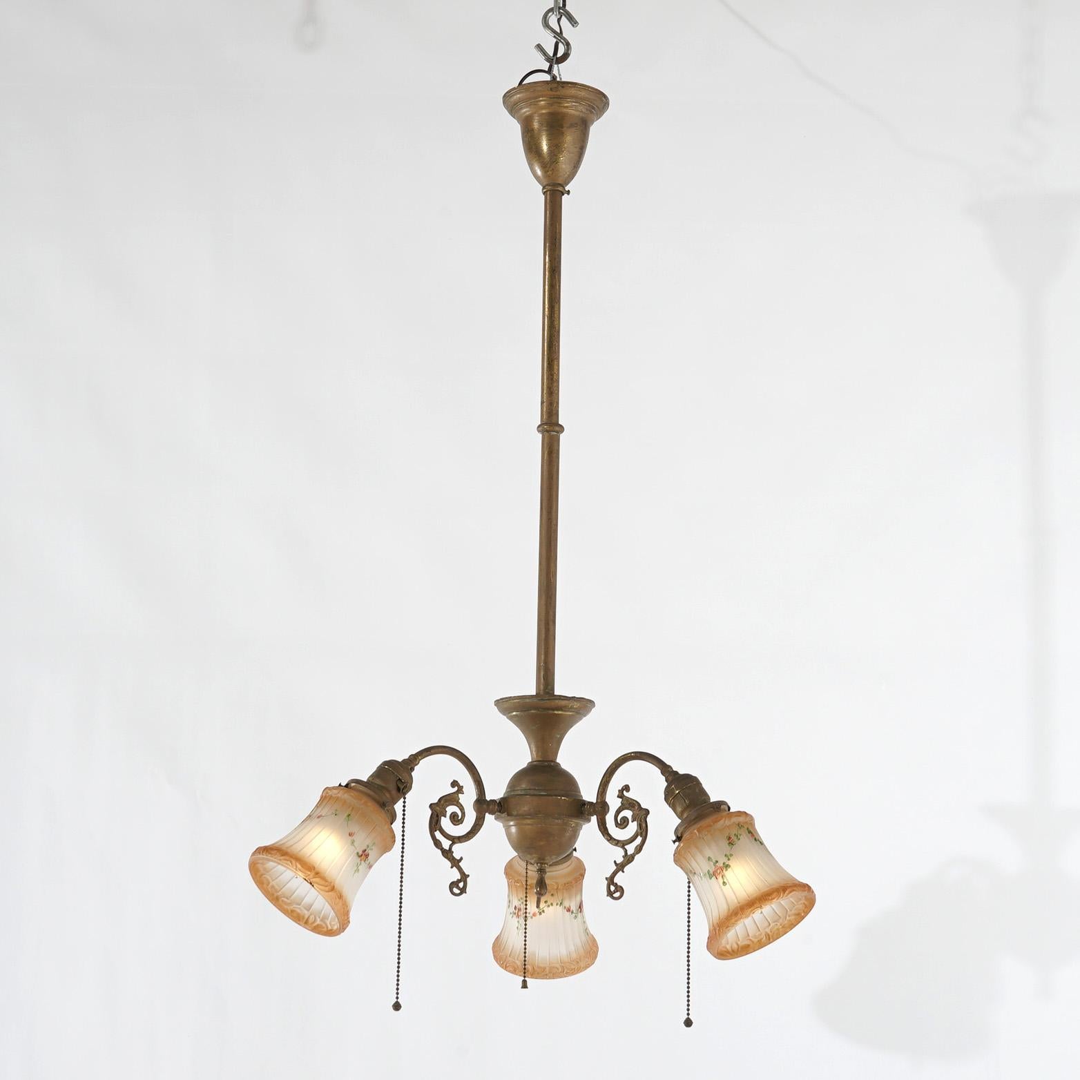 American Antique Arts & Crafts Gilt Metal Three-Light Hanging Fixture Circa 1910 For Sale