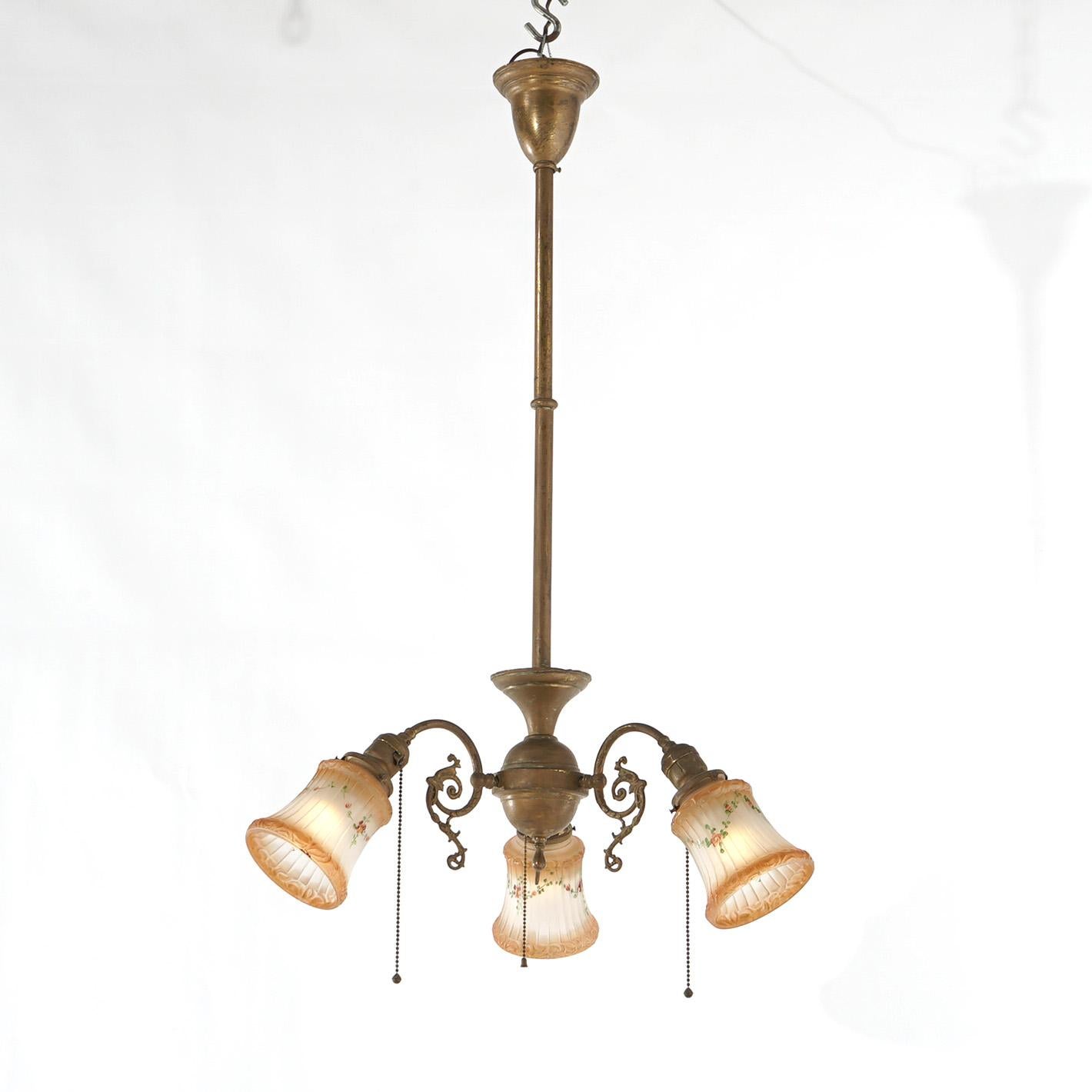 Antique Arts & Crafts Gilt Metal Three-Light Hanging Fixture Circa 1910 In Good Condition In Big Flats, NY