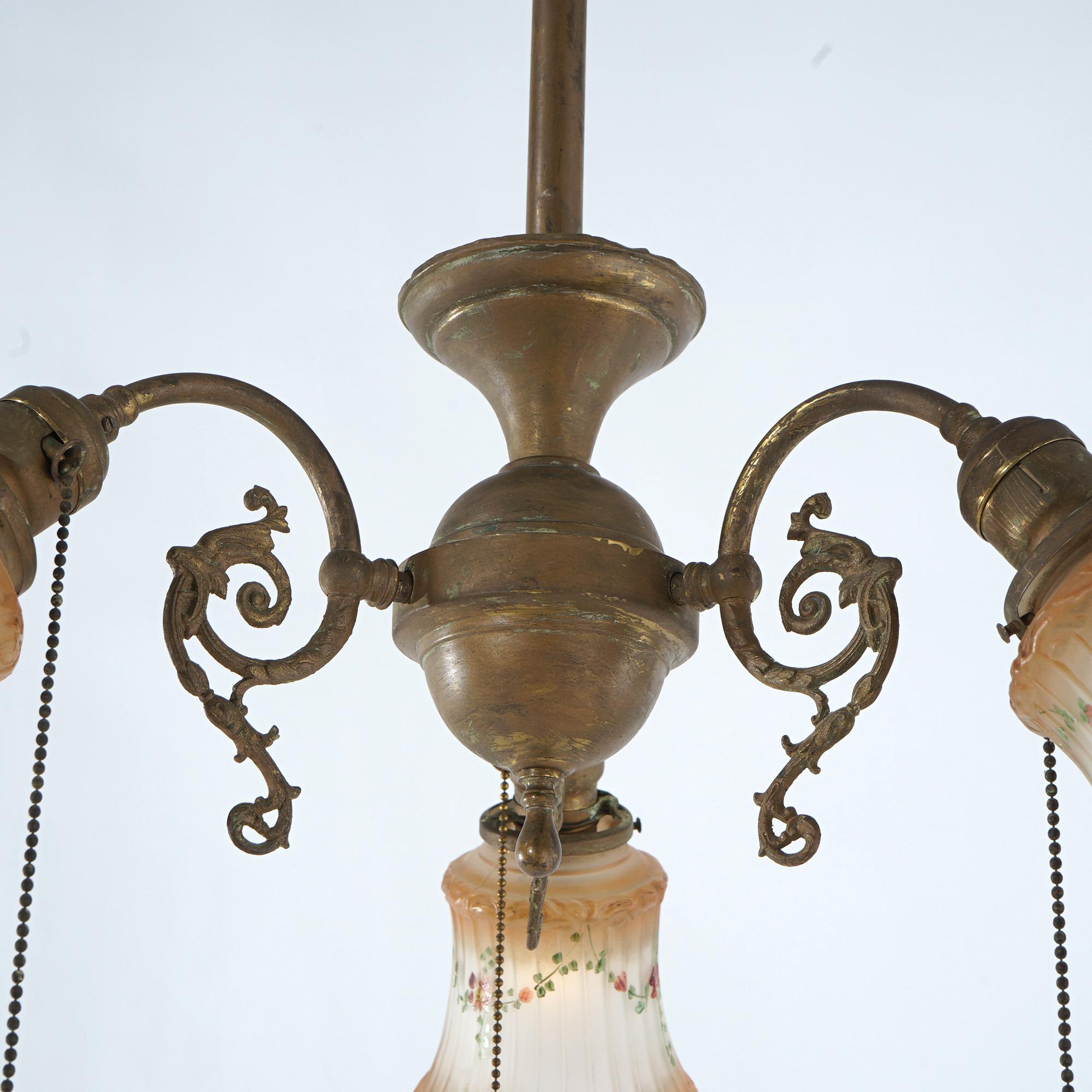 Antique Arts & Crafts Gilt Metal Three-Light Hanging Fixture Circa 1910 For Sale 3