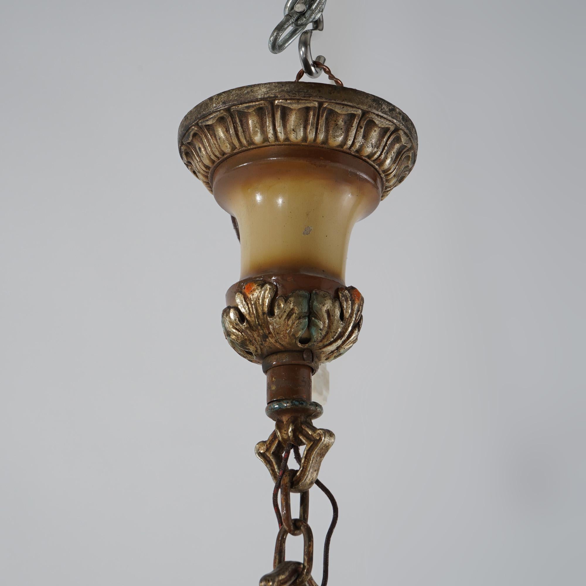 Antique Arts & Crafts Gilt & Polychromed Metal Five Light Hanging Fixture, c1920 For Sale 6