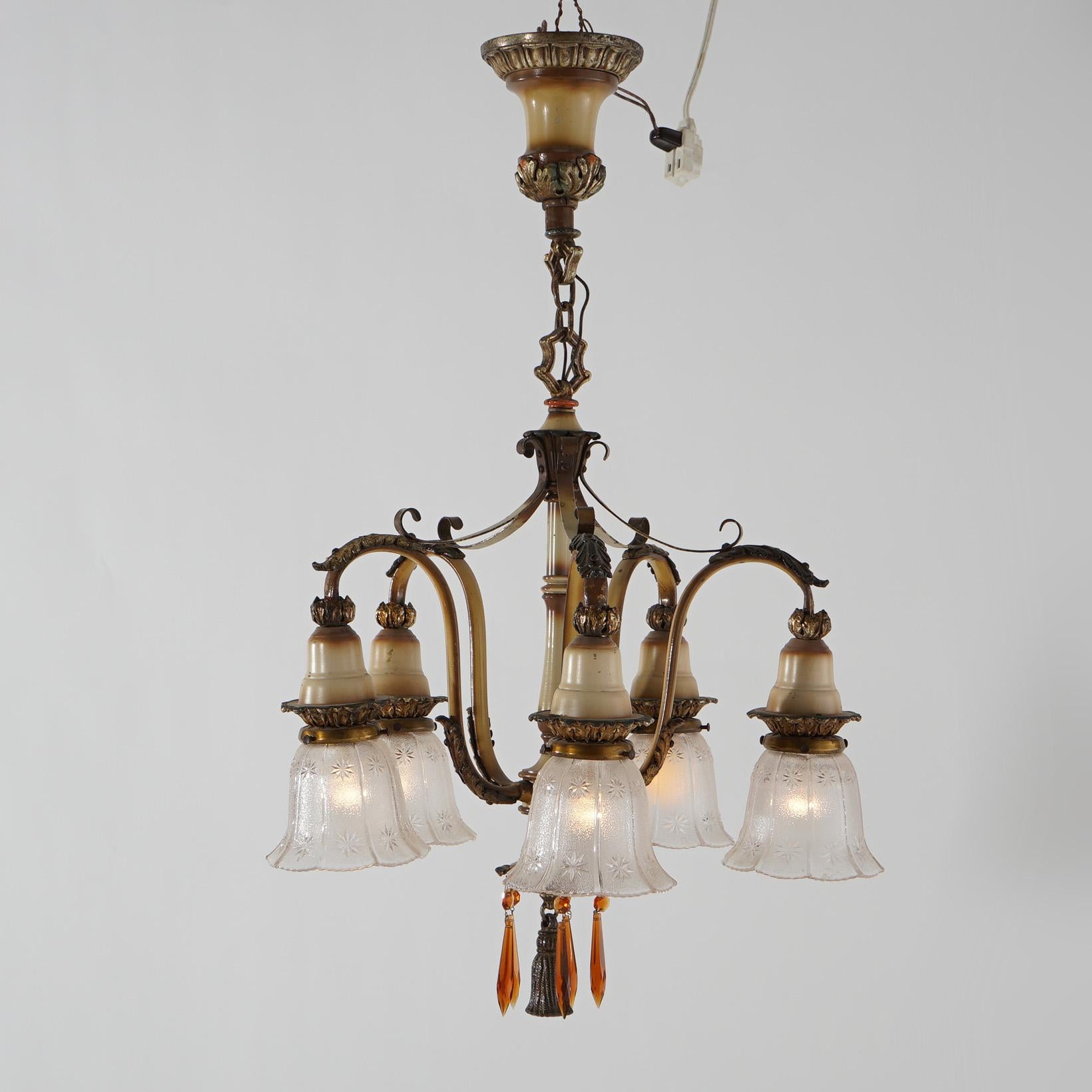 American Antique Arts & Crafts Gilt & Polychromed Metal Five Light Hanging Fixture, c1920 For Sale