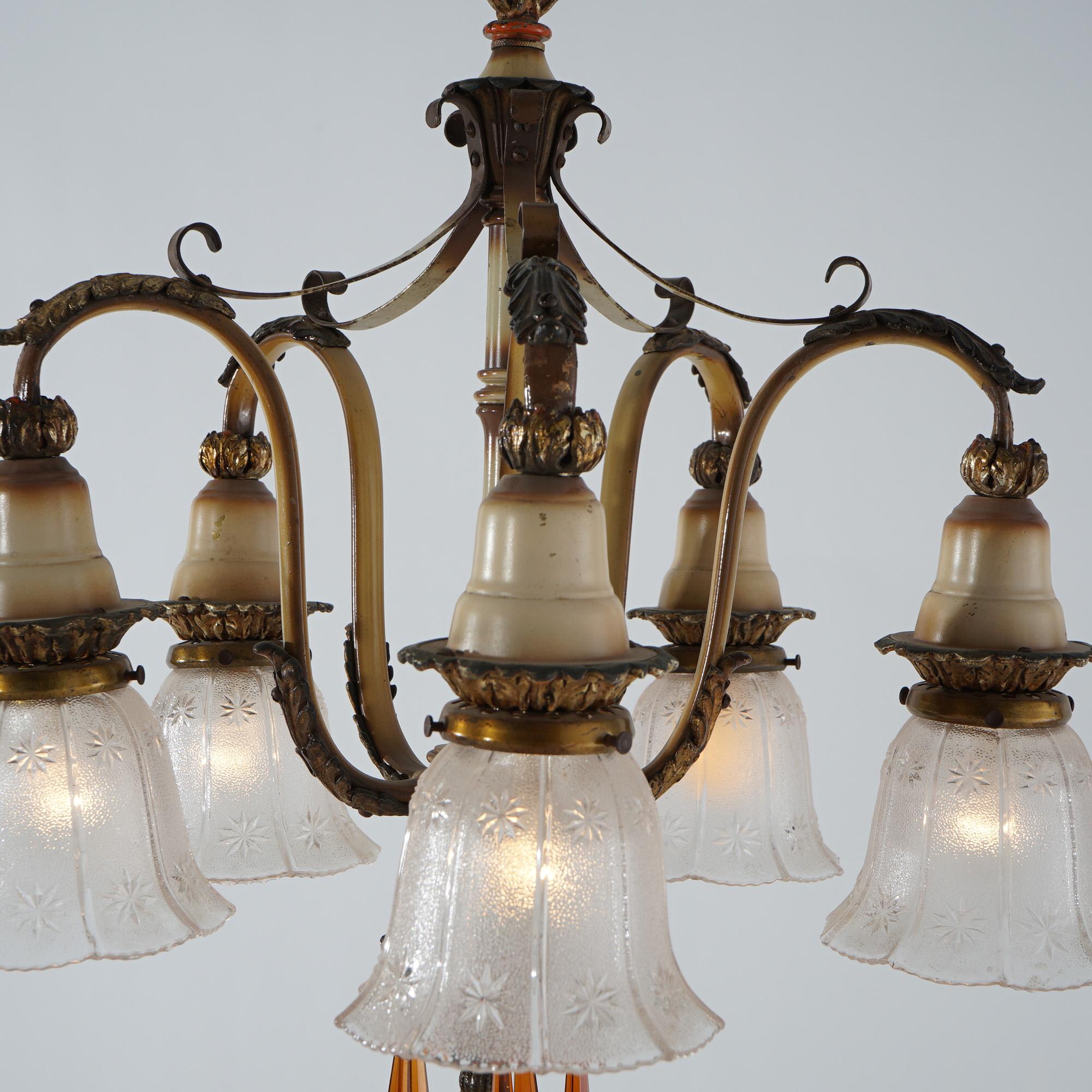 Antique Arts & Crafts Gilt & Polychromed Metal Five Light Hanging Fixture, c1920 In Good Condition For Sale In Big Flats, NY
