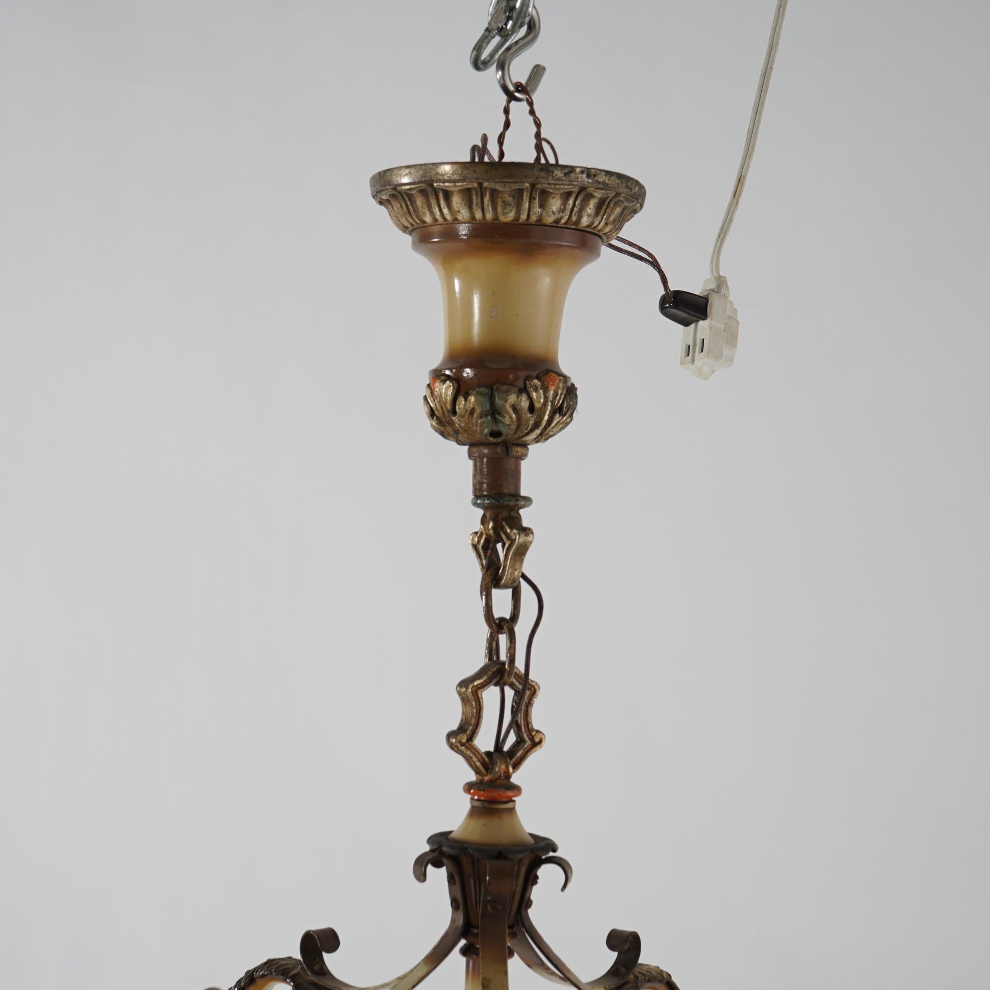 Antique Arts & Crafts Gilt & Polychromed Metal Five Light Hanging Fixture, c1920 For Sale 1
