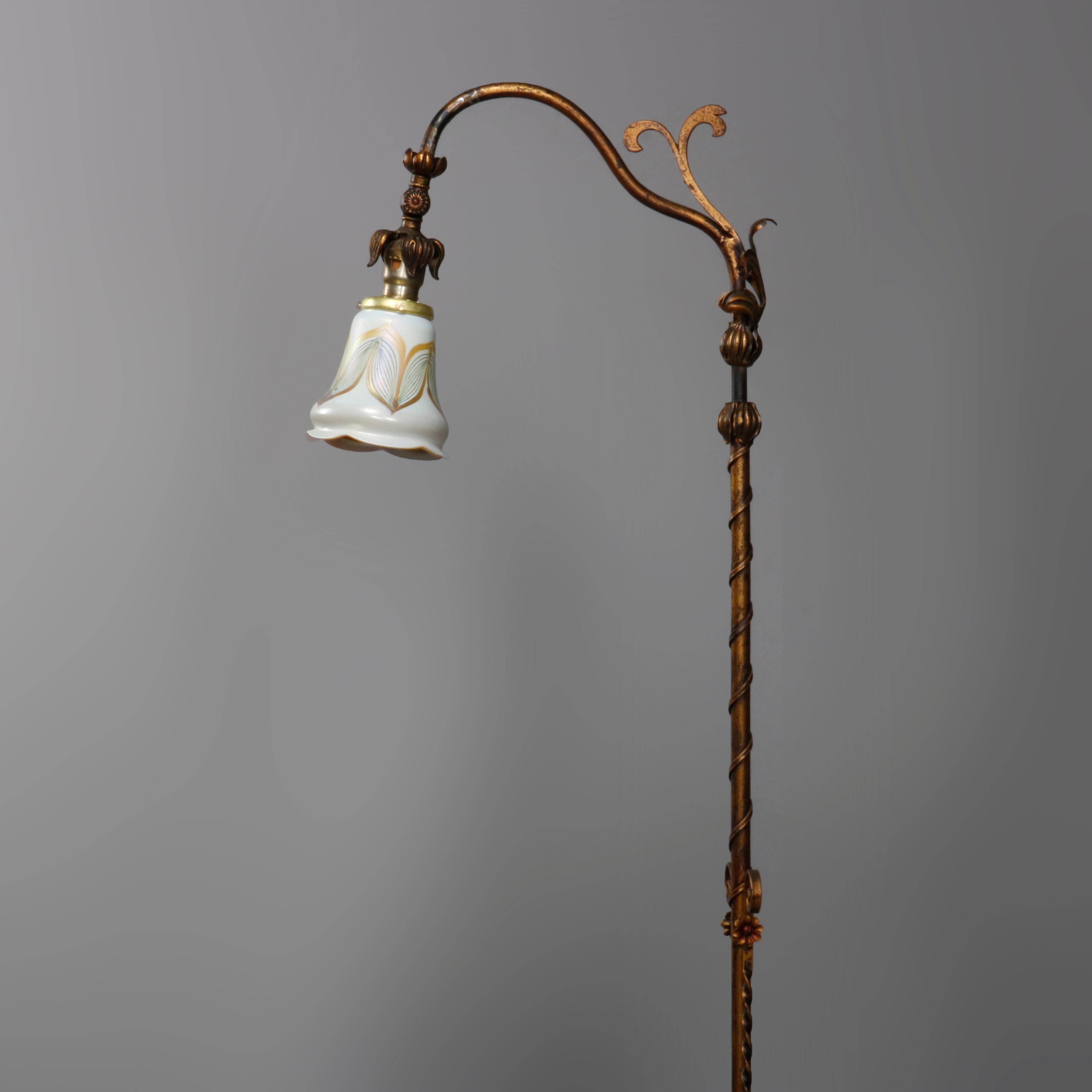 Arts and Crafts Antique Arts & Crafts Gilt Wrought Iron Goose Neck Floor Lamp, circa 1920