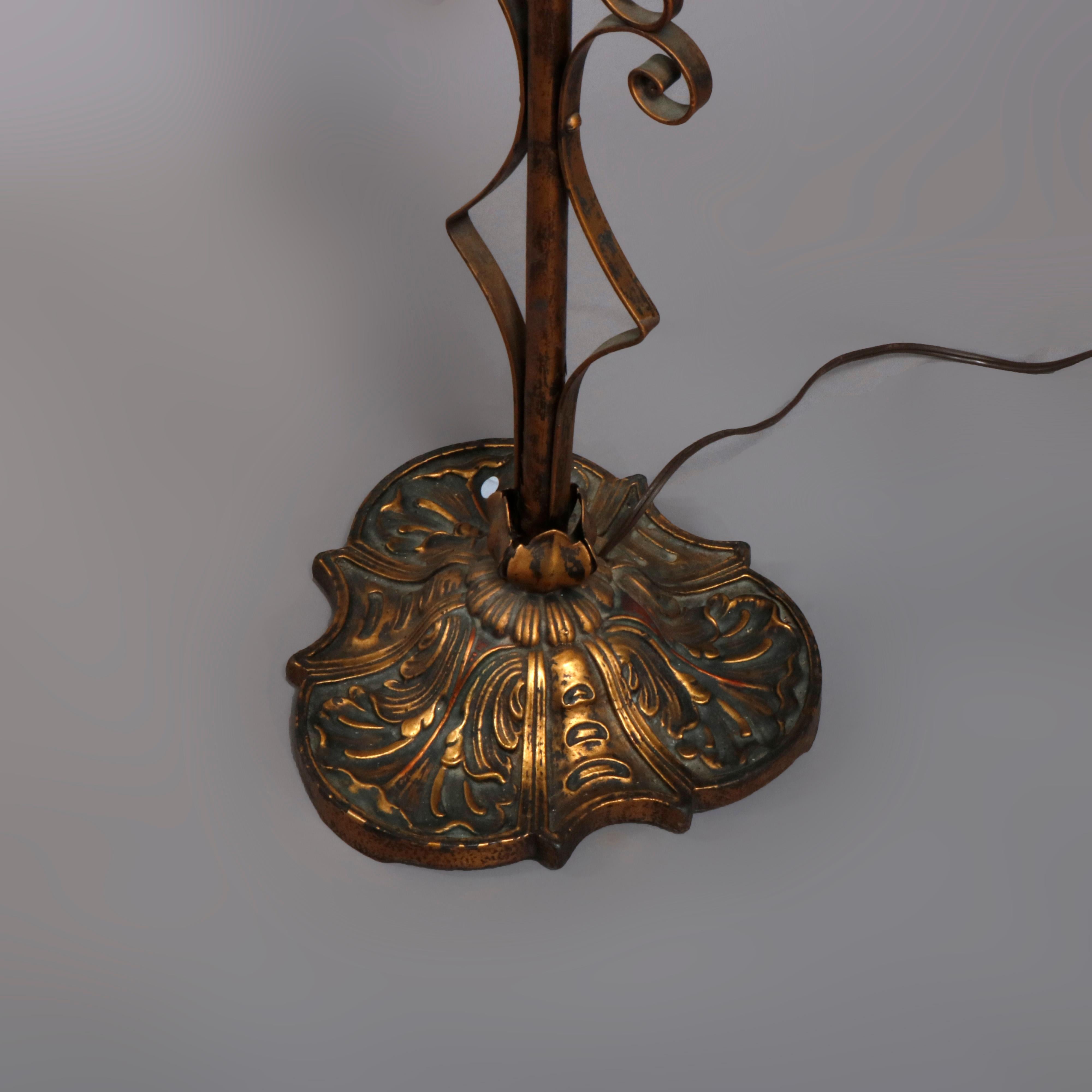 Antique Arts & Crafts Gilt Wrought Iron Goose Neck Floor Lamp, circa 1920 In Good Condition In Big Flats, NY