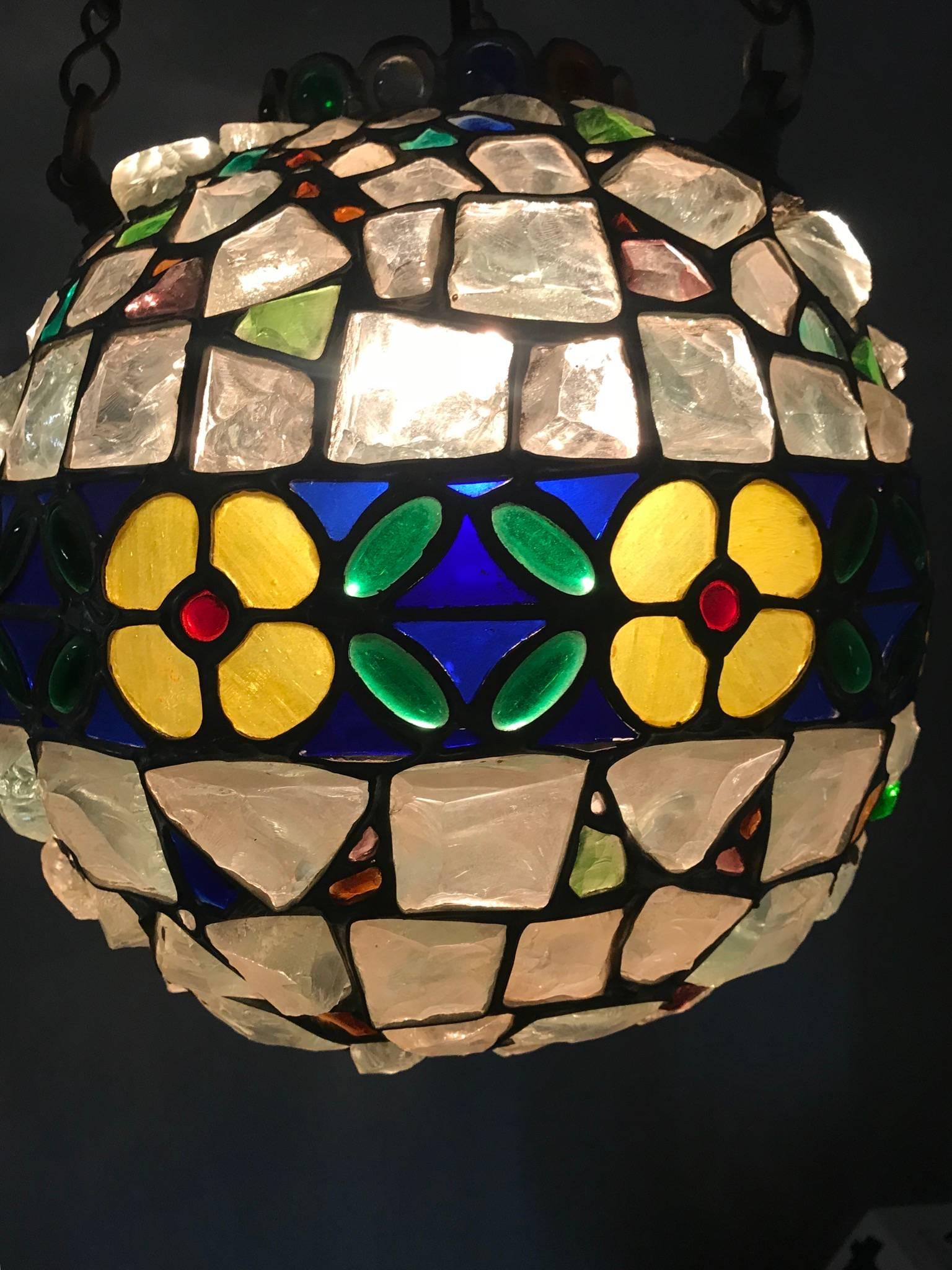 20th Century Antique Arts & Crafts Stained & Chunky Glass Pendant Light Tiffany Style Fxture  For Sale