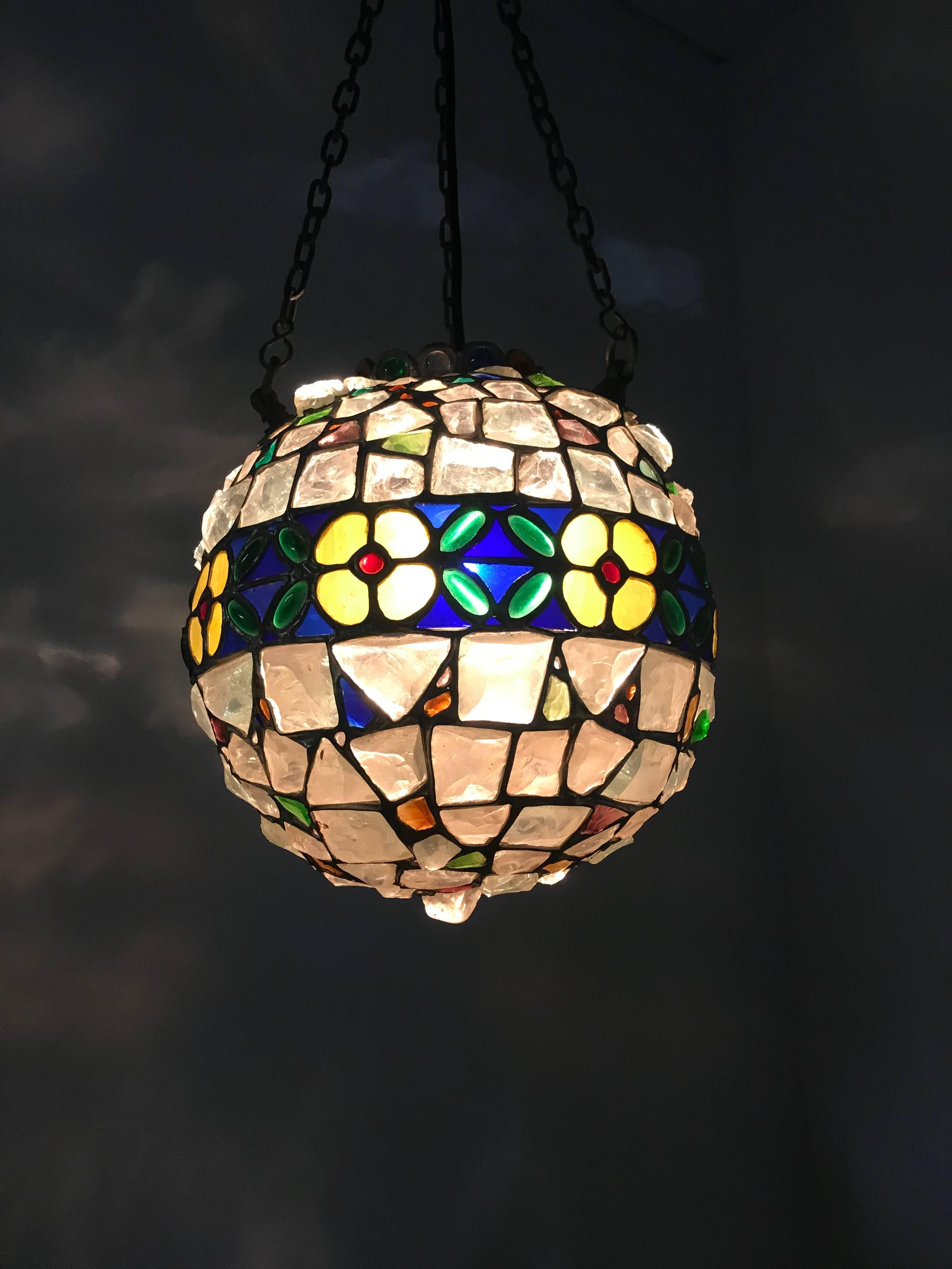 Antique Arts & Crafts Stained & Chunky Glass Pendant Light Tiffany Style Fxture  For Sale 1
