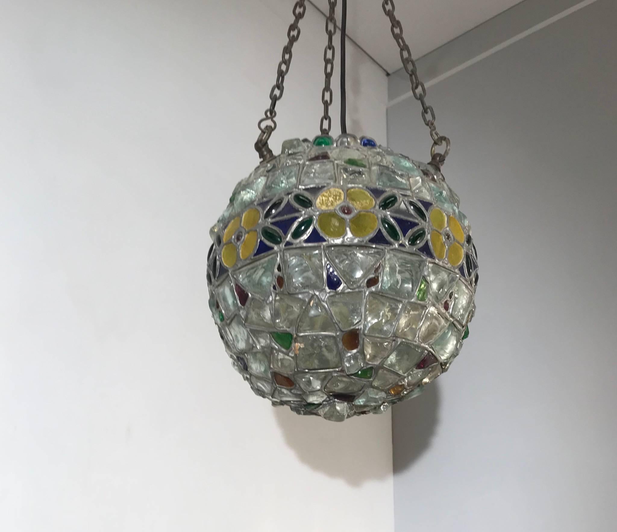 Antique Arts & Crafts Stained & Chunky Glass Pendant Light Tiffany Style Fxture  For Sale 2