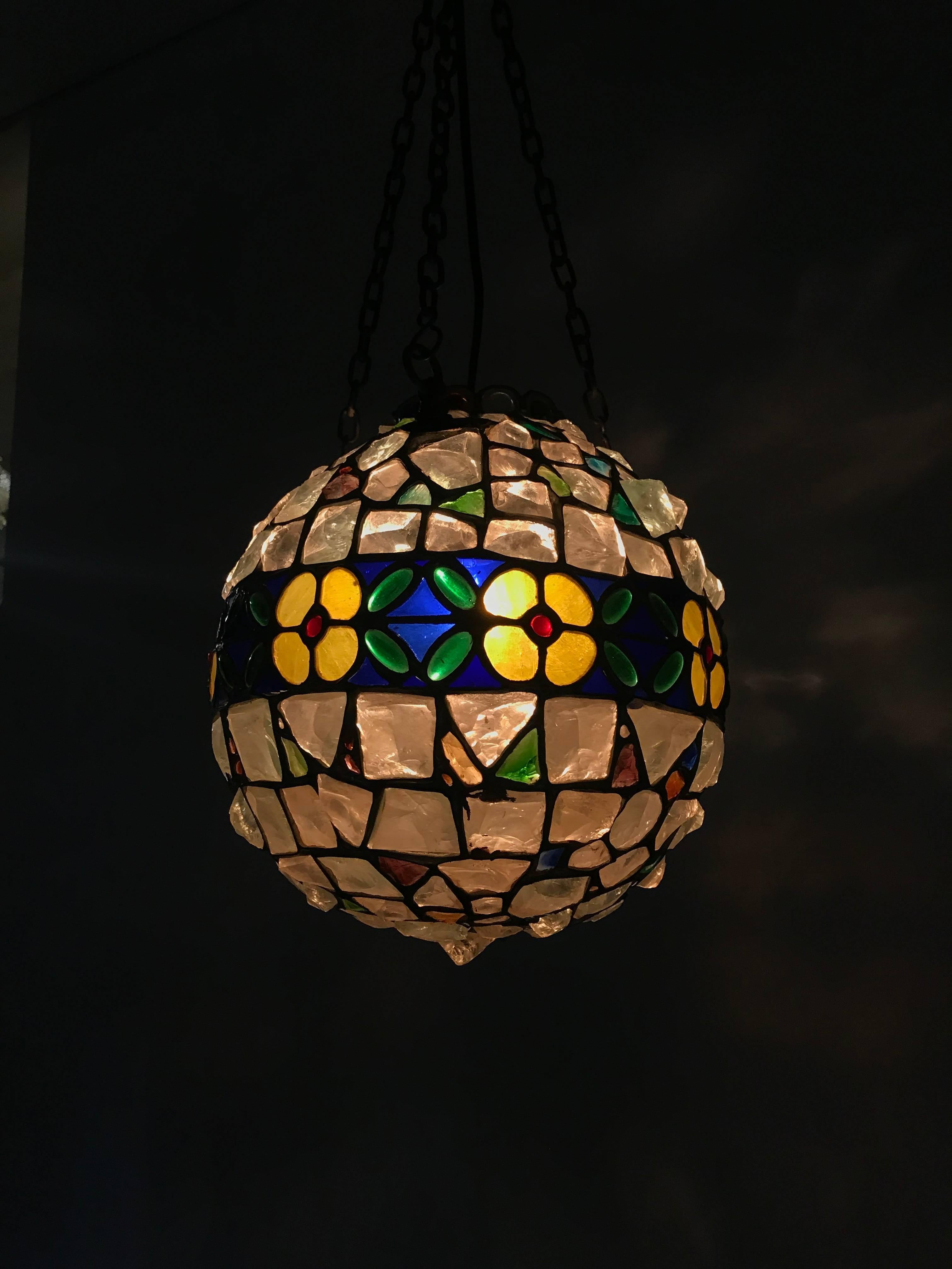 Antique Arts & Crafts Stained & Chunky Glass Pendant Light Tiffany Style Fxture  For Sale 3