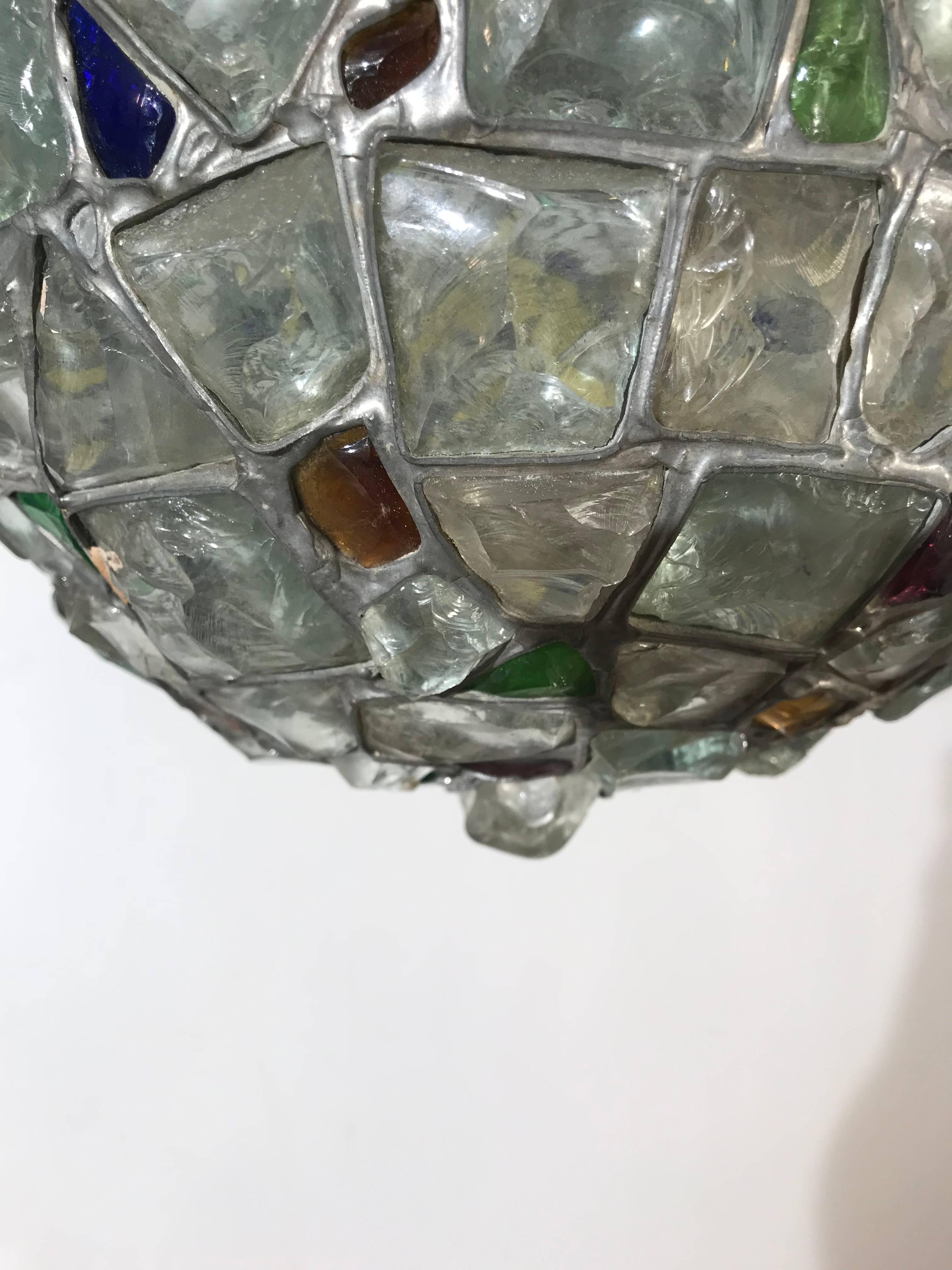 Antique Arts & Crafts Stained & Chunky Glass Pendant Light Tiffany Style Fxture  For Sale 5