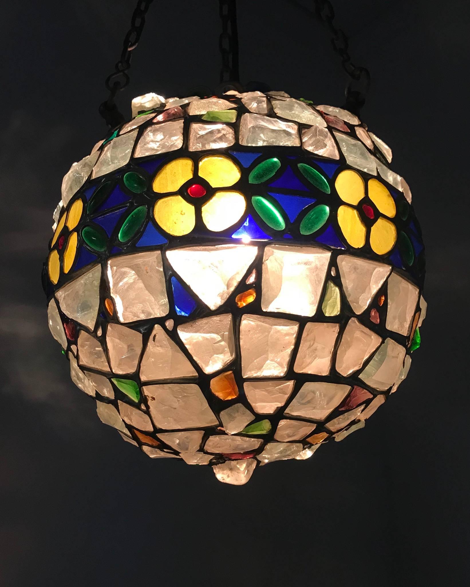 Antique Arts & Crafts Stained & Chunky Glass Pendant Light Tiffany Style Fxture  For Sale 7
