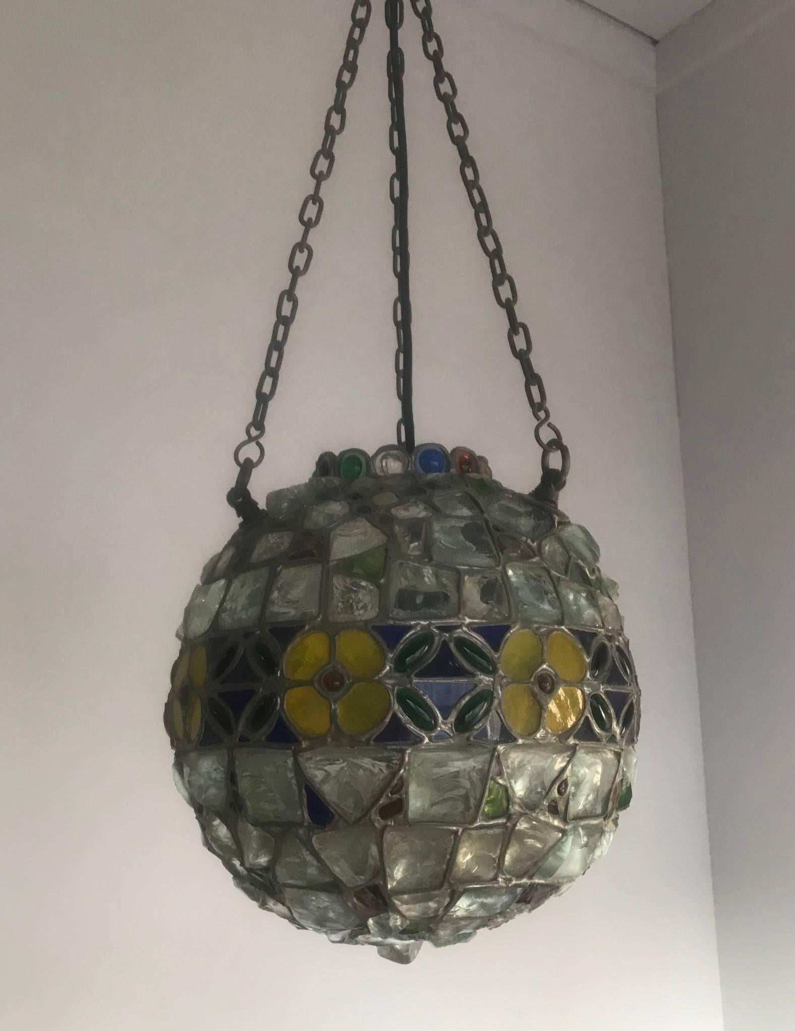 Antique Arts & Crafts Stained & Chunky Glass Pendant Light Tiffany Style Fxture  For Sale 8