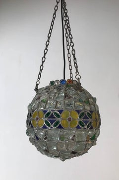 Antique Arts & Crafts Stained & Chunky Glass Pendant Light Tiffany Style Fxture