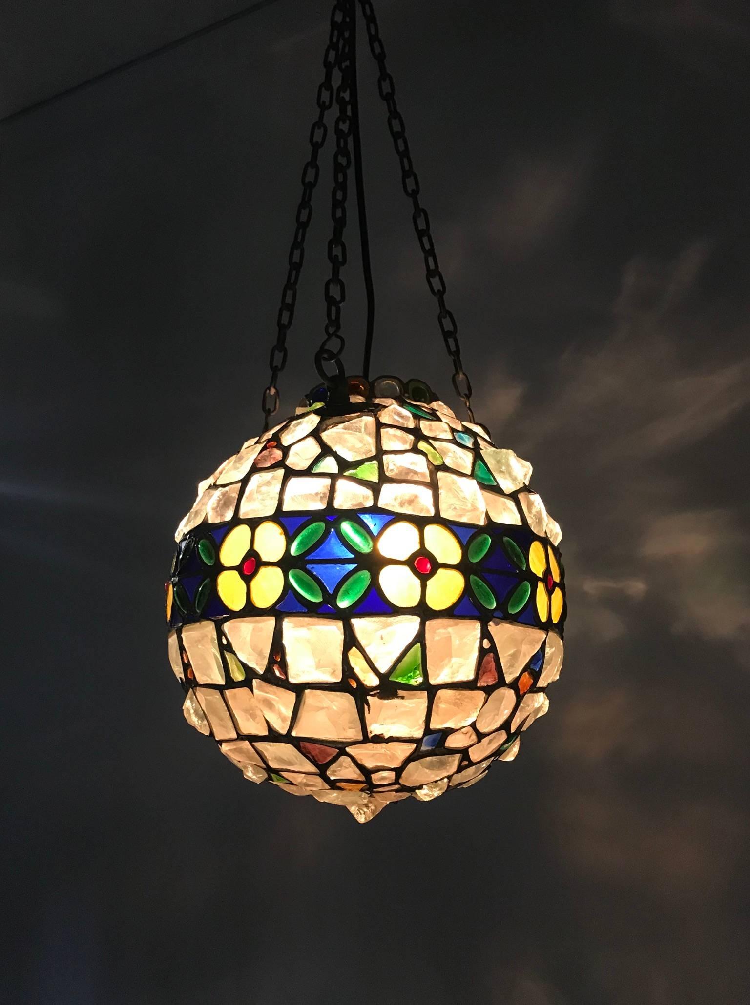 Arts and Crafts Antique Arts & Crafts Stained & Chunky Glass Pendant Light Tiffany Style Fxture  For Sale