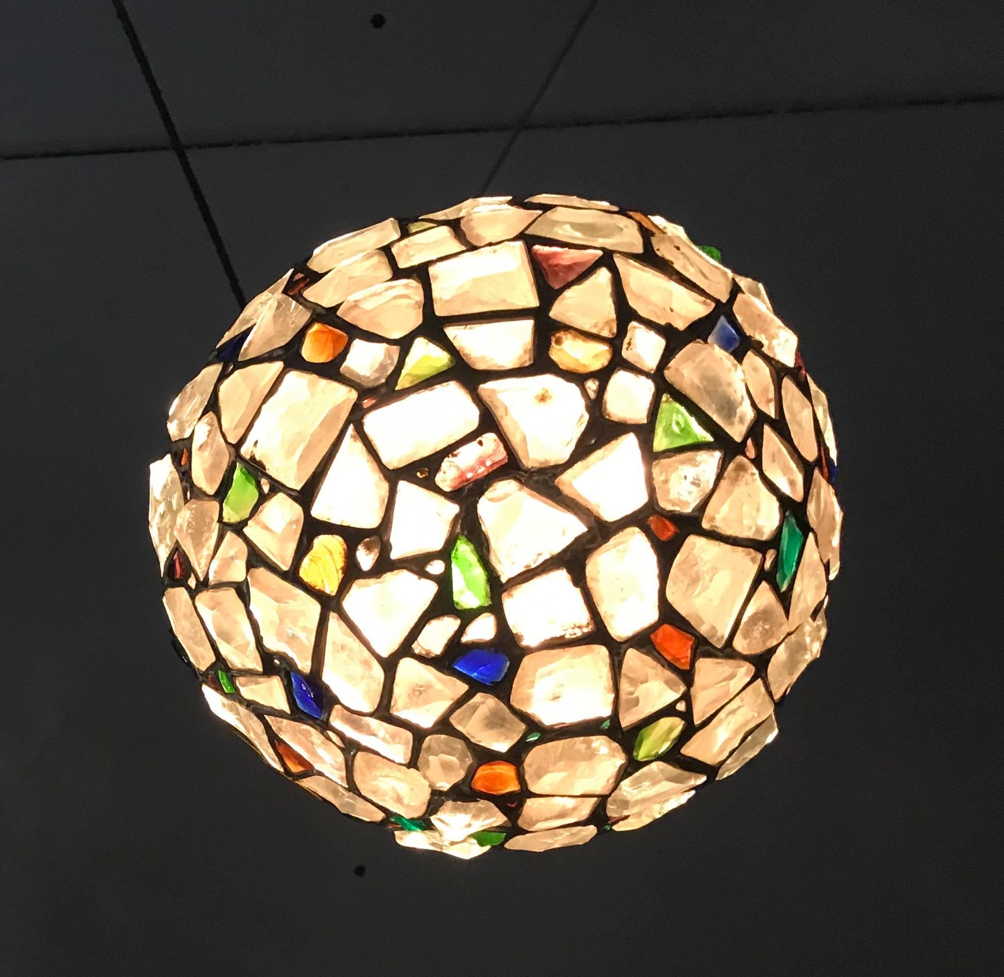 European Antique Arts & Crafts Stained & Chunky Glass Pendant Light Tiffany Style Fxture  For Sale