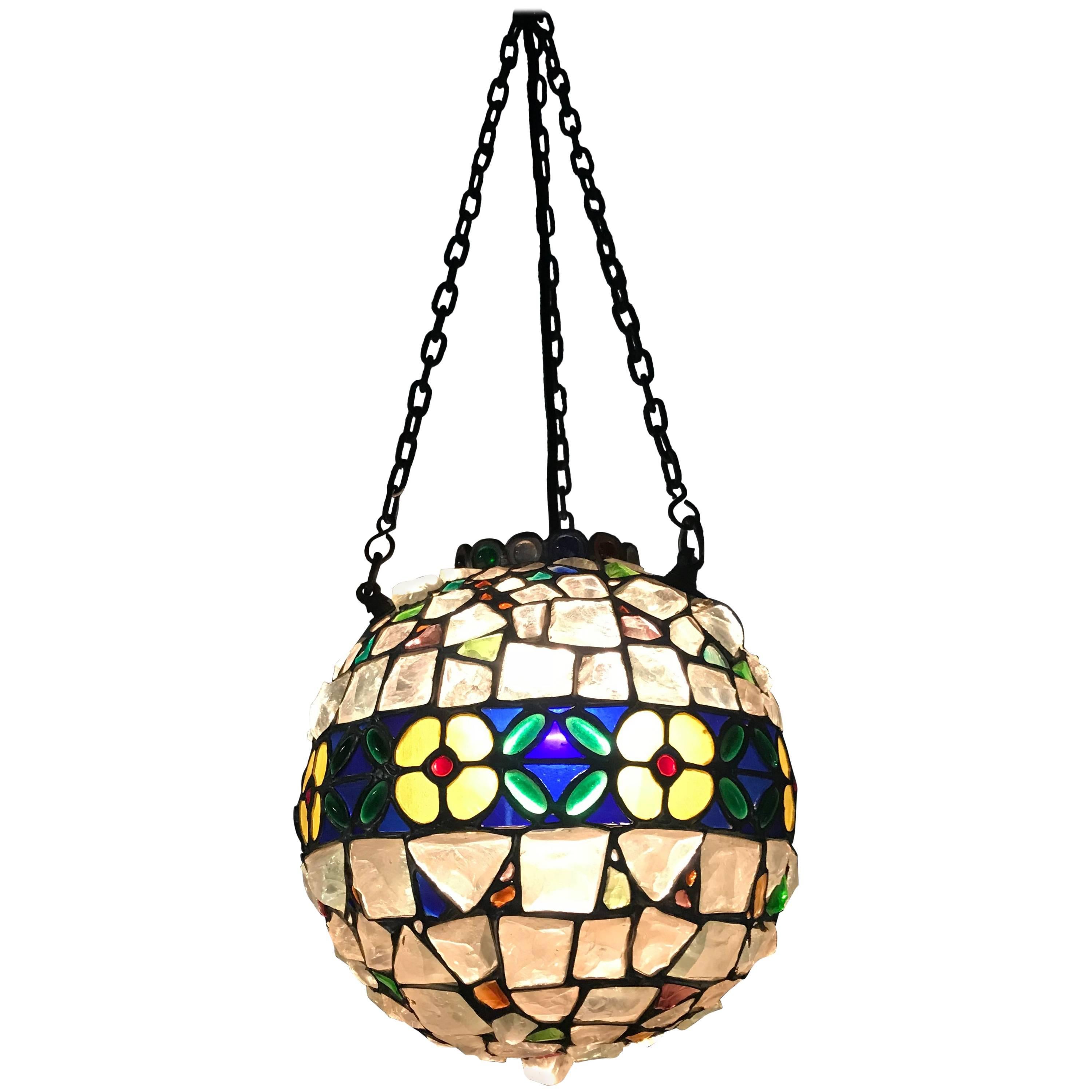 Antique Arts & Crafts Stained & Chunky Glass Pendant Light Tiffany Style Fxture  For Sale