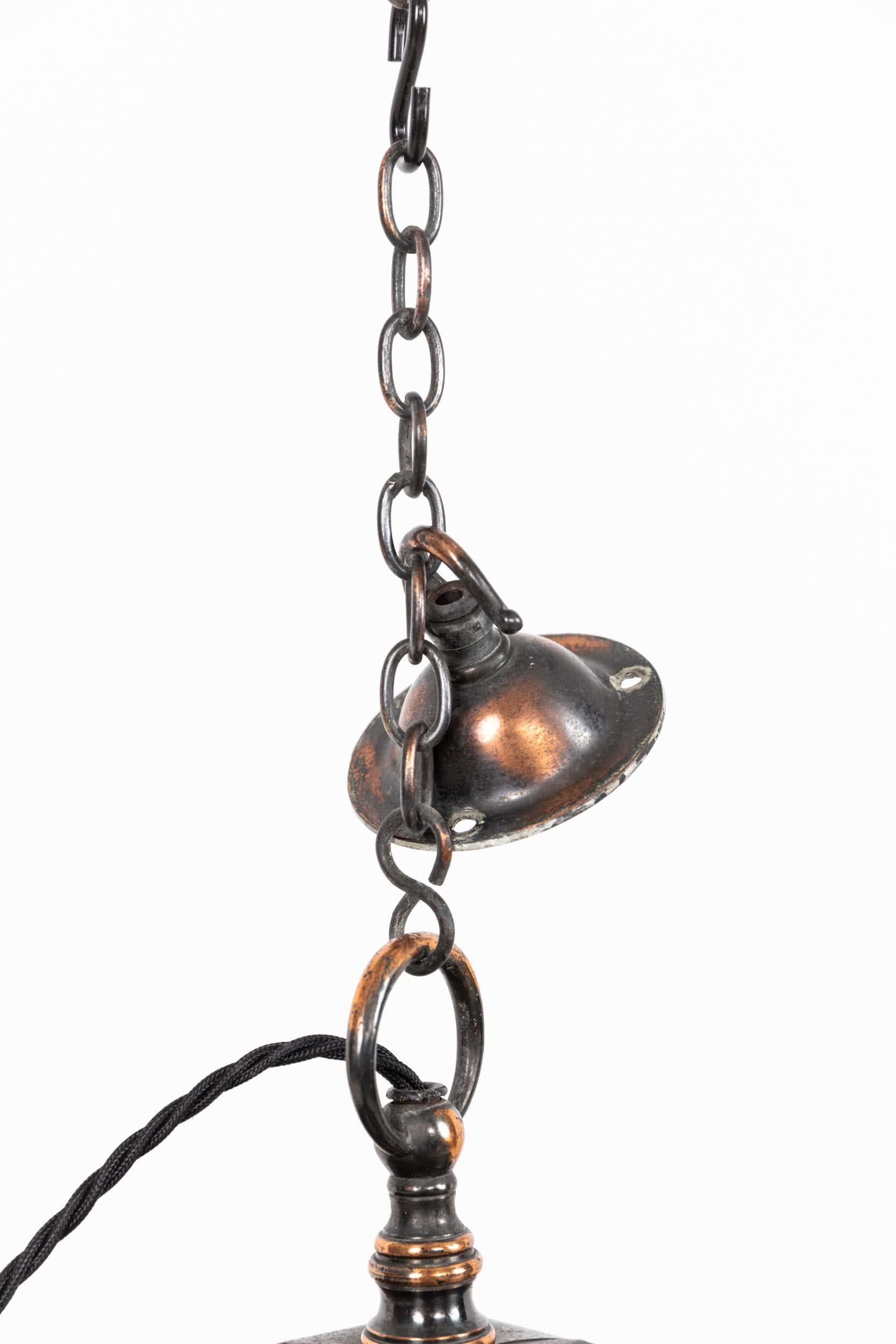 English Antique Arts & Crafts Glazed Copper GEC Porch/Hall Lantern Light Lamp C.1920 For Sale