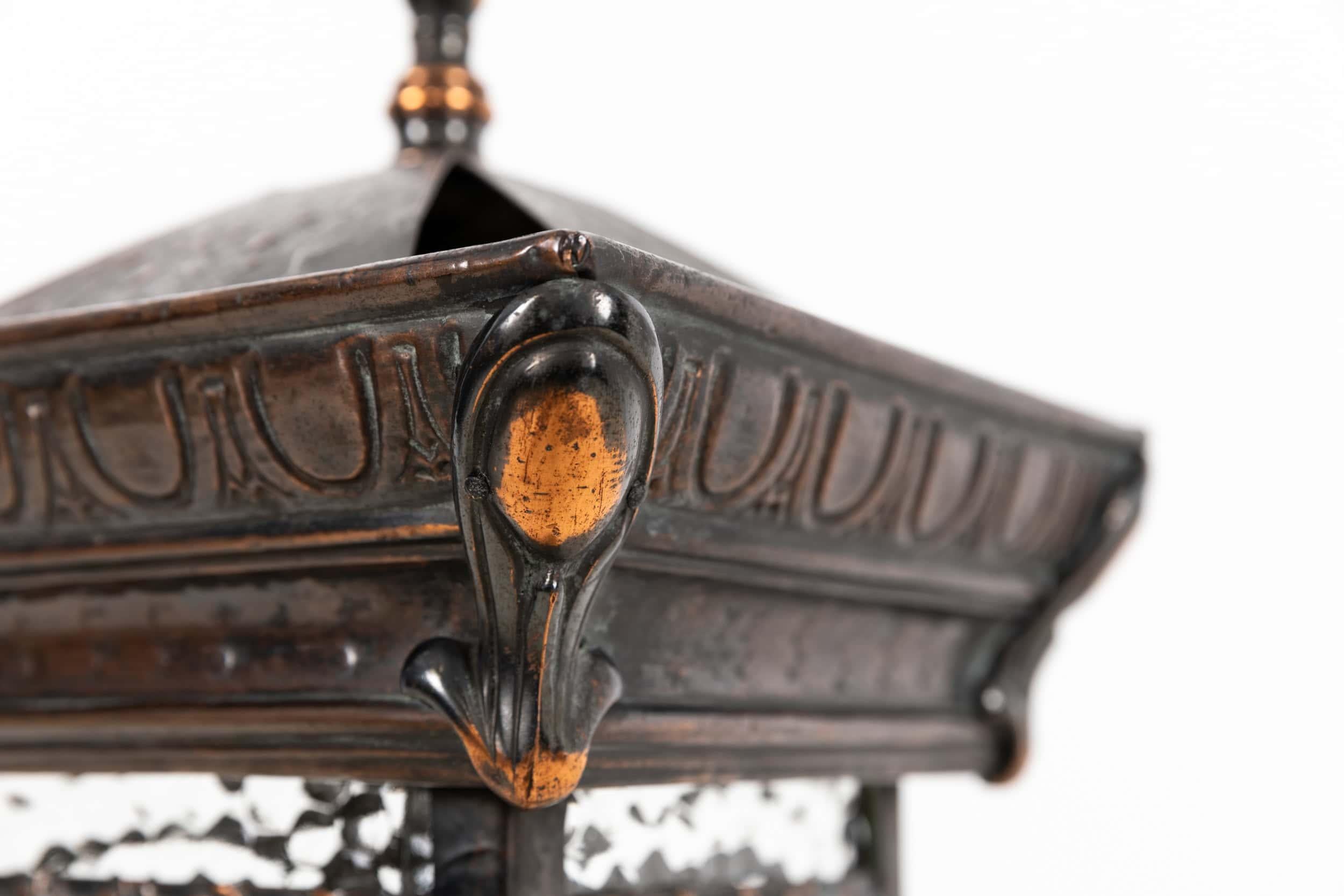 Hand-Crafted Antique Arts & Crafts Glazed Copper GEC Porch/Hall Lantern Light Lamp C.1920 For Sale