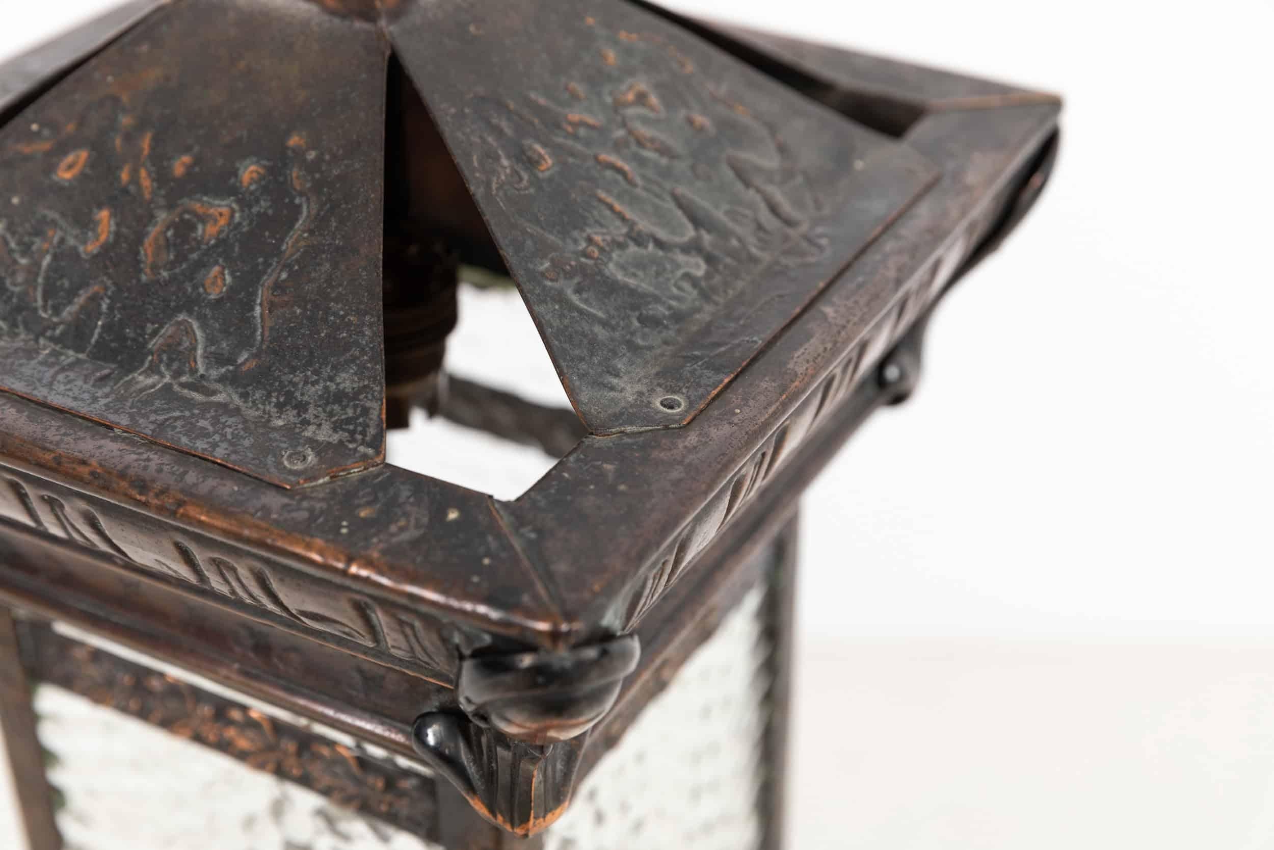 Antique Arts & Crafts Glazed Copper GEC Porch/Hall Lantern Light Lamp C.1920 In Fair Condition For Sale In London, GB