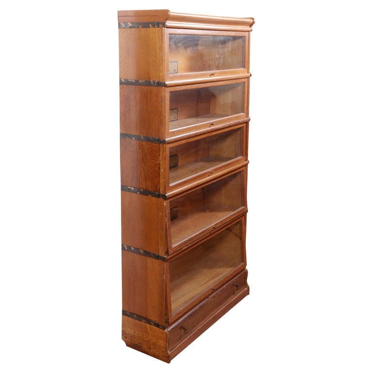 Antique Arts and Crafts Globe Wernicke 5 Section Oak Barrister Bookcase