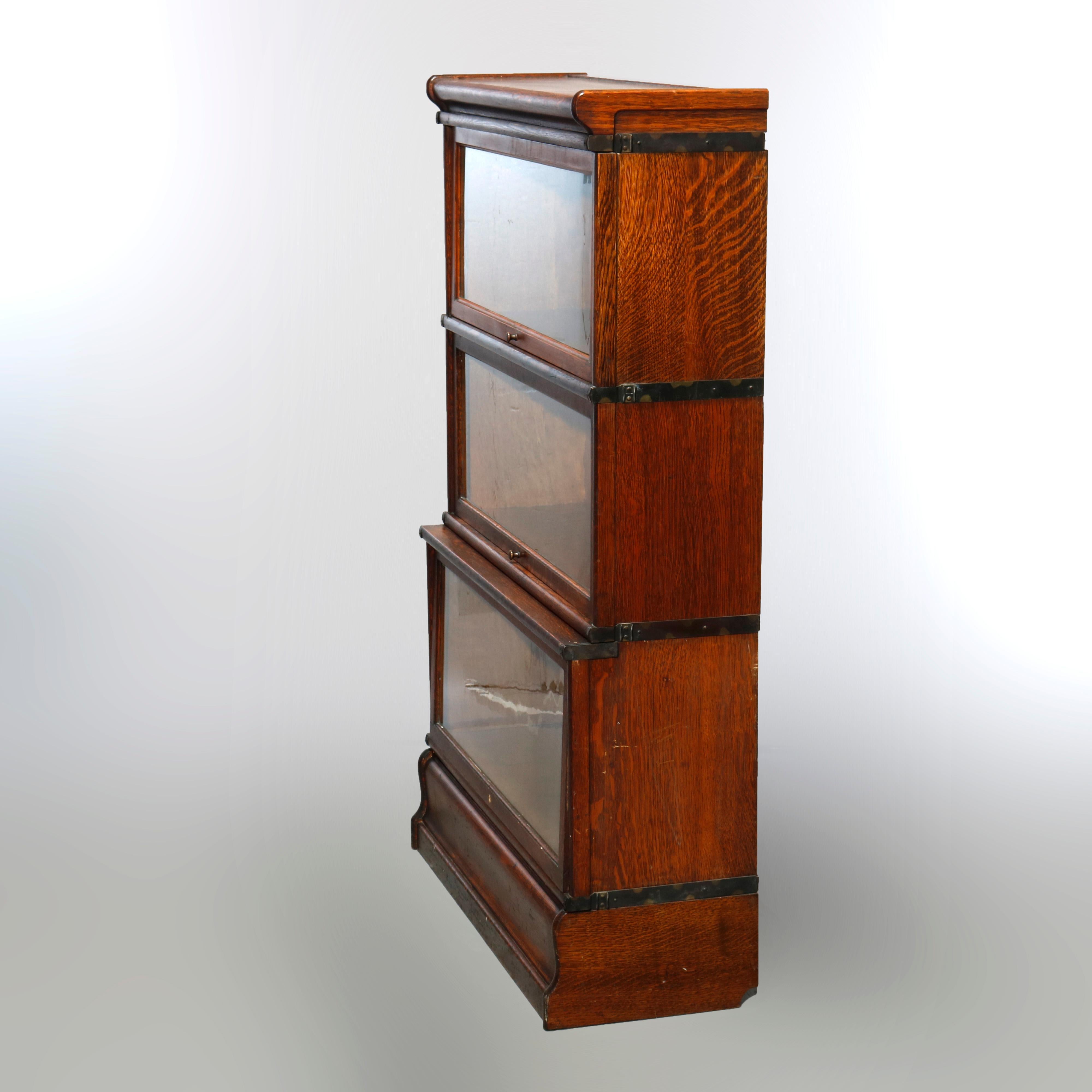 20th Century Antique Arts & Crafts Globe Wernicke Oak Three-Stack Barrister Bookcase, c1910