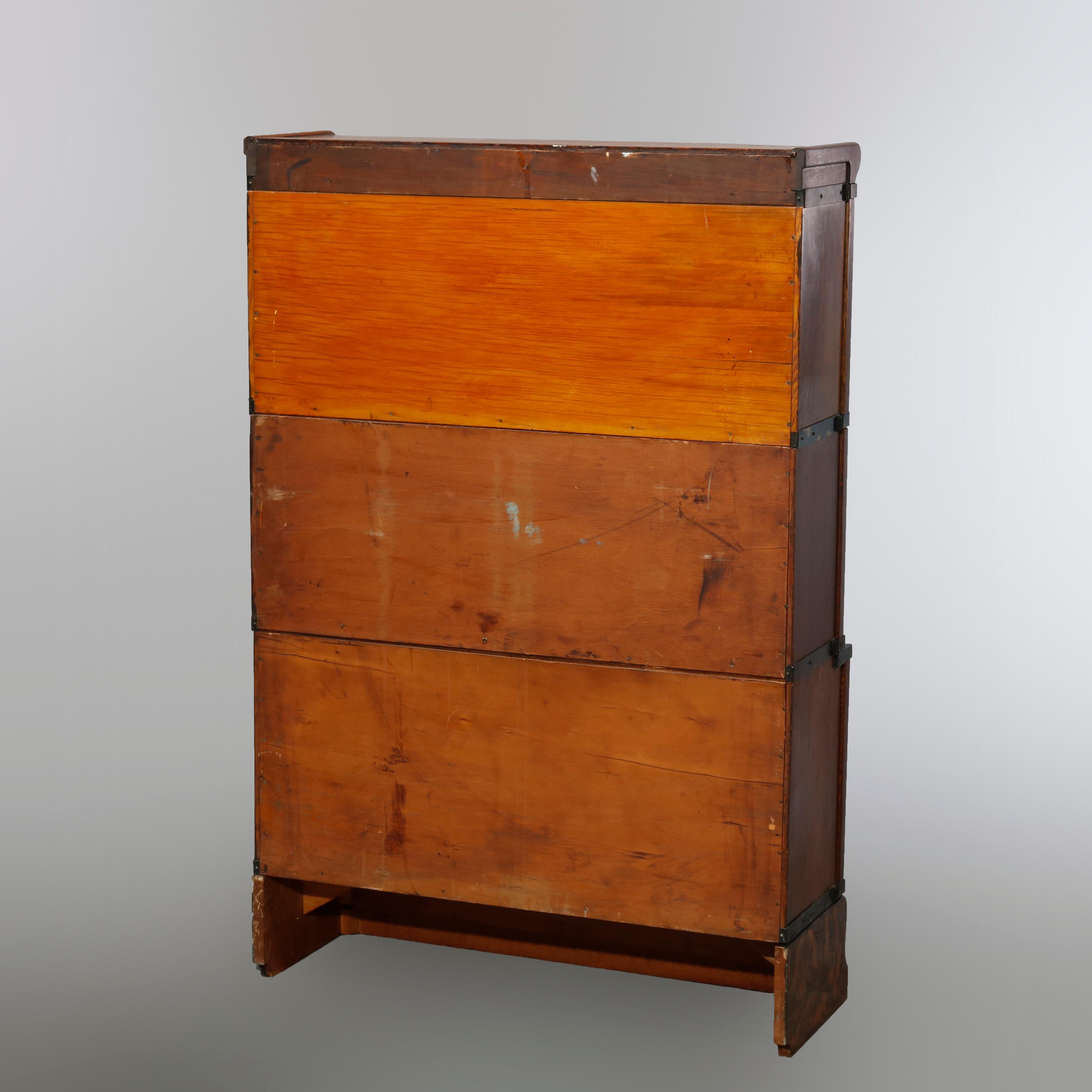 Glass Antique Arts & Crafts Globe Wernicke Oak Three-Stack Barrister Bookcase, c1910