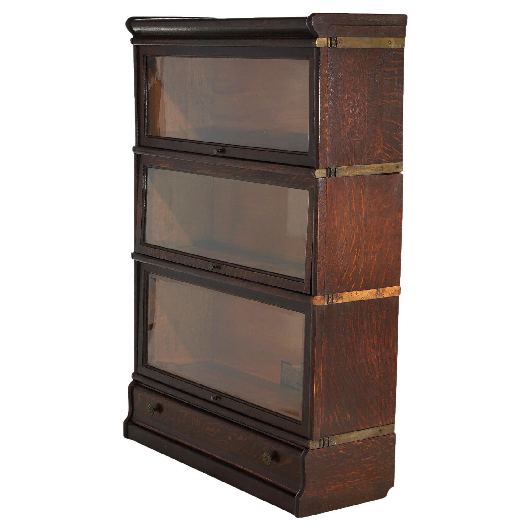 Antique Arts & Crafts Globe Wernicke Oak Three-Stack Barrister Bookcase, c1910 For Sale