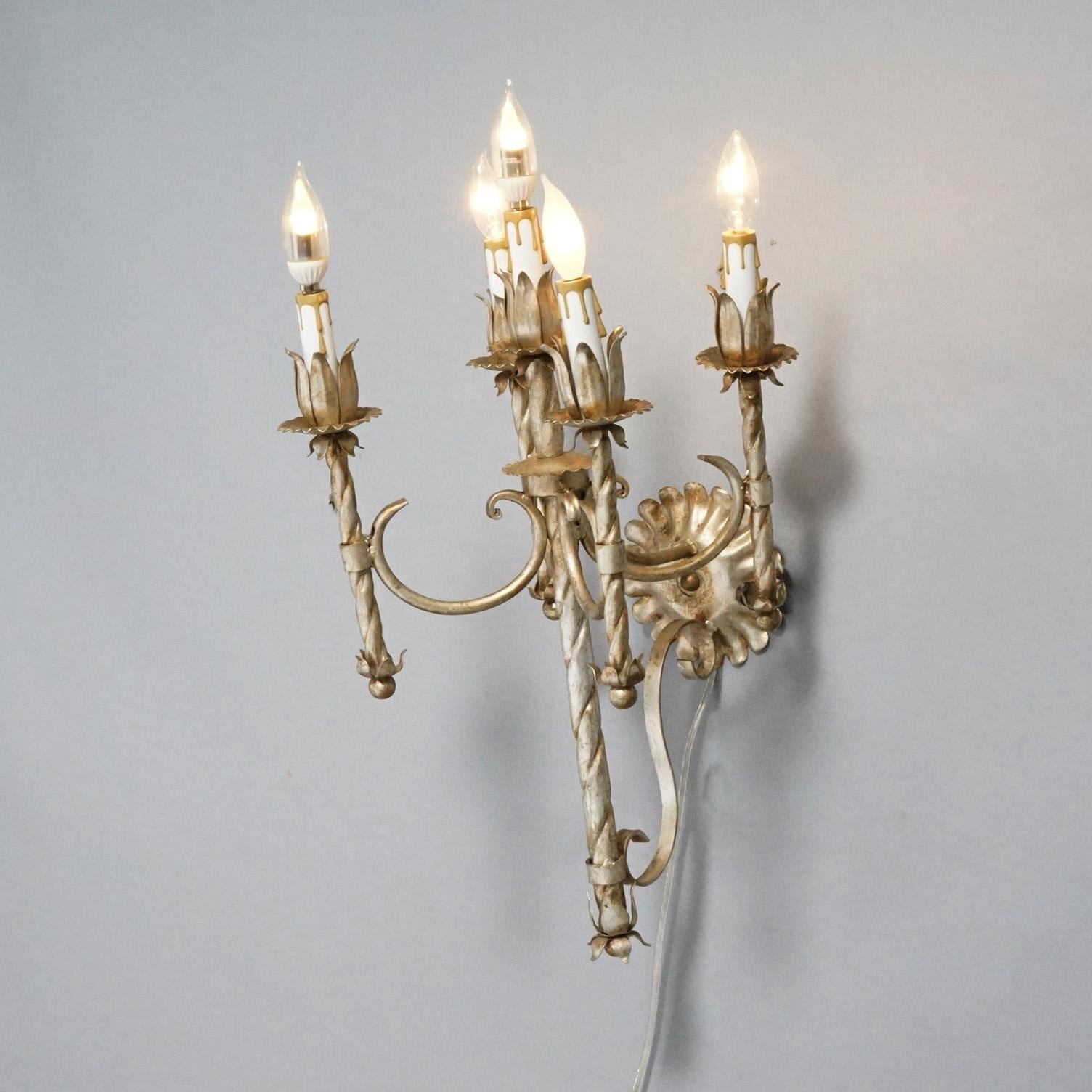 Antique Arts & Crafts Gothic Silvered Finish Candelabra Wall Sconces 20th C. For Sale 4