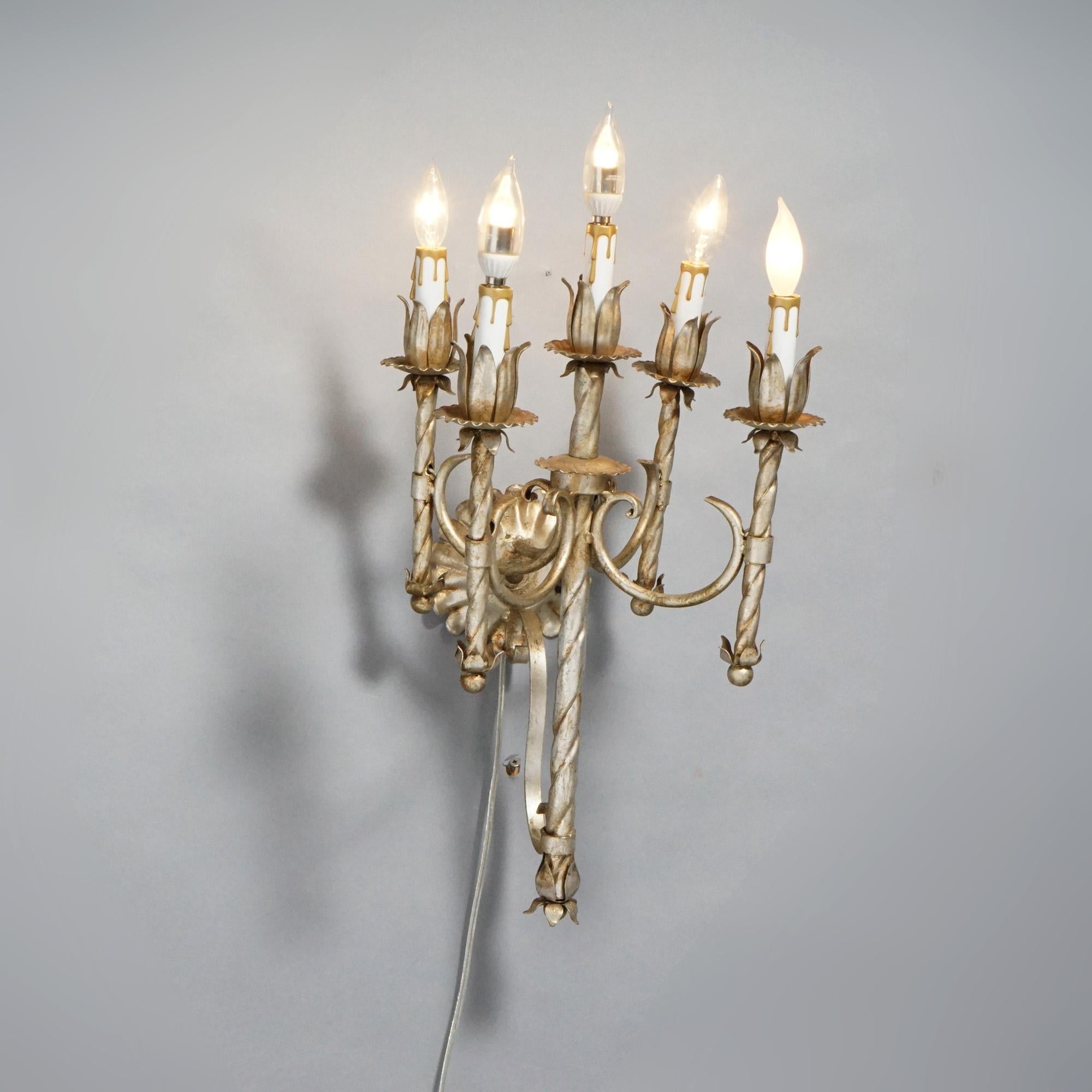 Antique Arts & Crafts Gothic Silvered Finish Candelabra Wall Sconces 20th C. For Sale 5