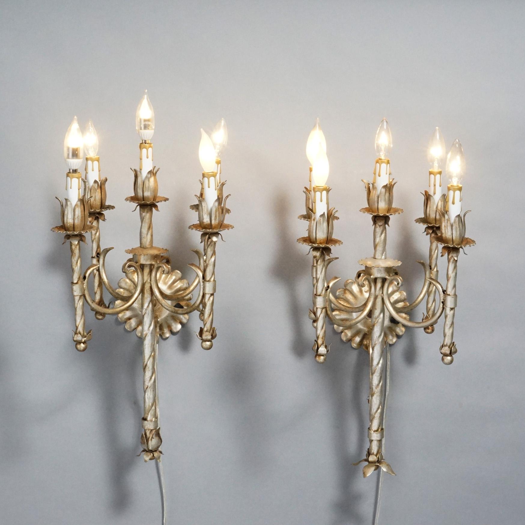 Arts and Crafts Antique Arts & Crafts Gothic Silvered Finish Candelabra Wall Sconces 20th C. For Sale