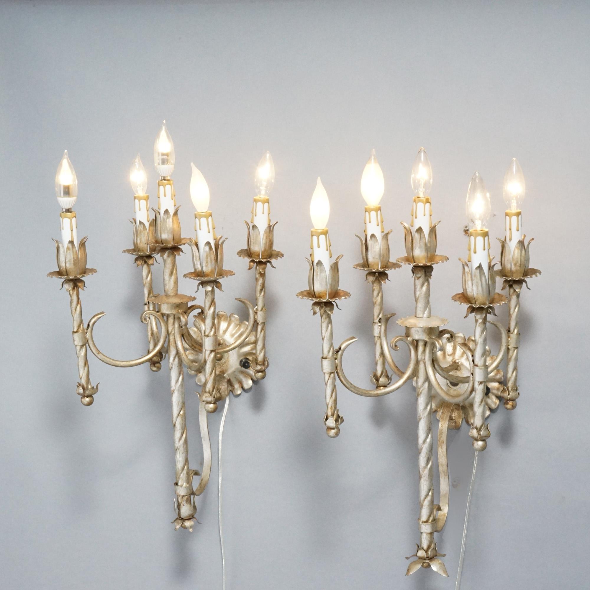 Antique Arts & Crafts Gothic Silvered Finish Candelabra Wall Sconces 20th C. In Good Condition For Sale In Big Flats, NY