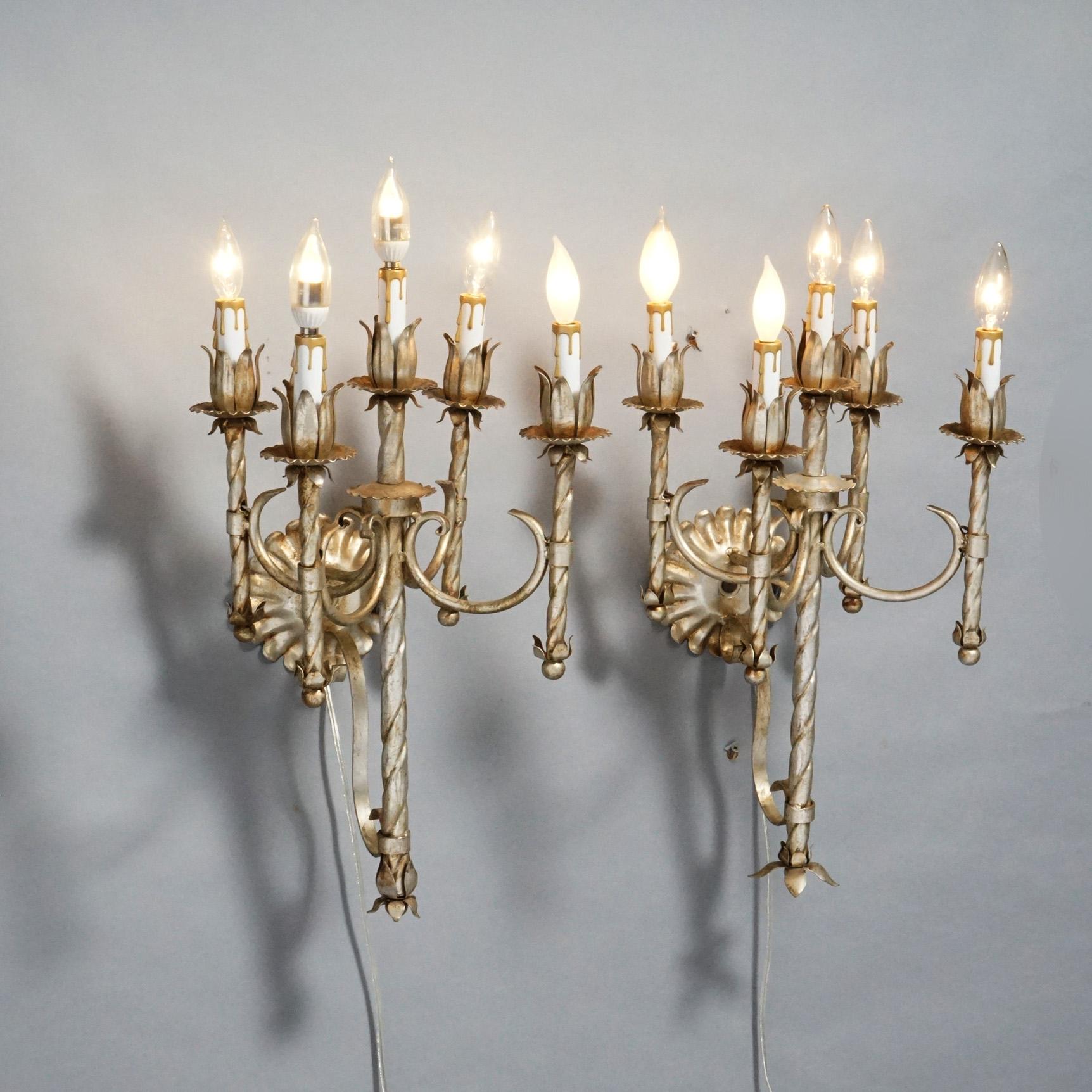 20th Century Antique Arts & Crafts Gothic Silvered Finish Candelabra Wall Sconces 20th C. For Sale