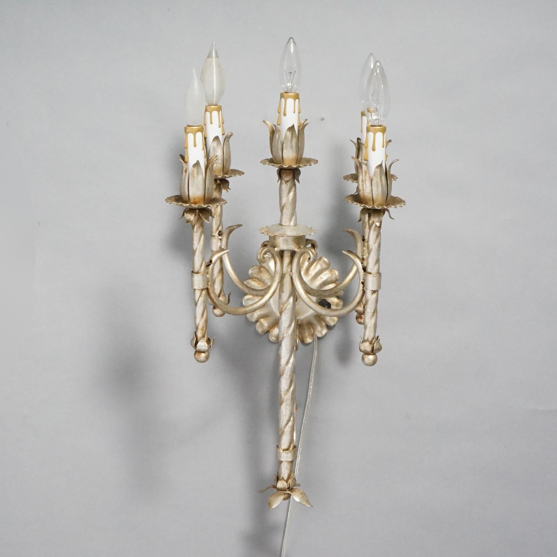 Metal Antique Arts & Crafts Gothic Silvered Finish Candelabra Wall Sconces 20th C. For Sale