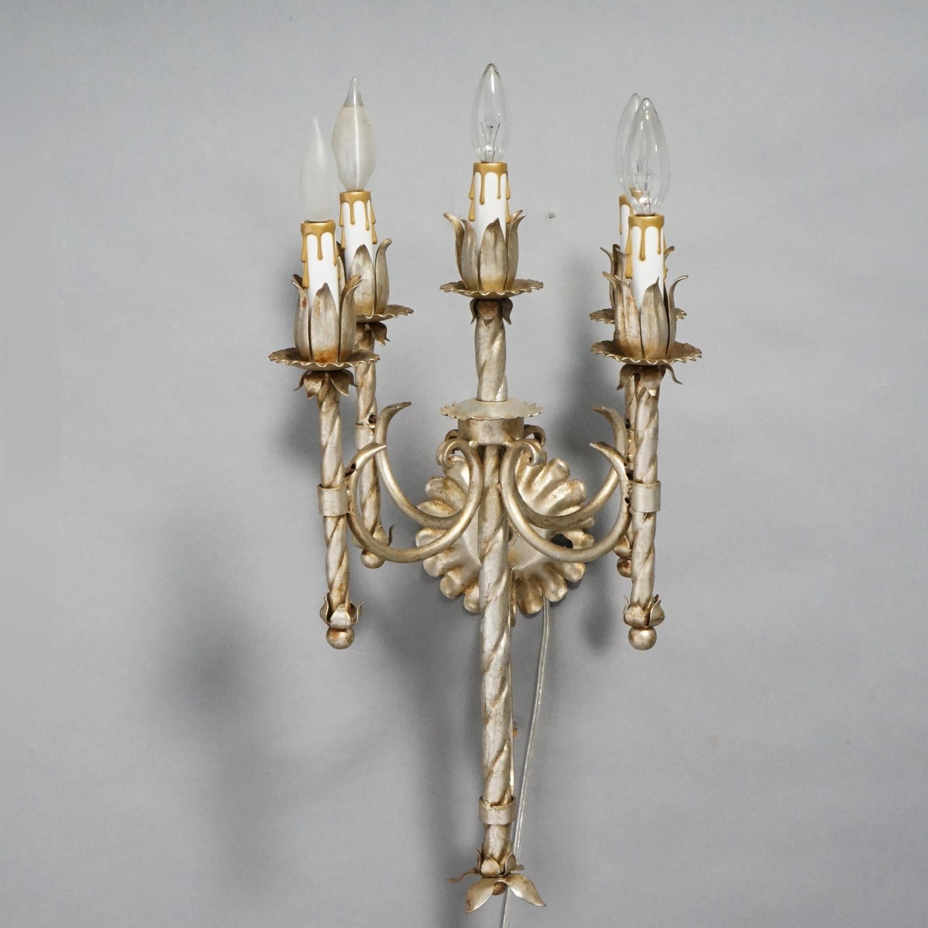 Antique Arts & Crafts Gothic Silvered Finish Candelabra Wall Sconces 20th C. For Sale 1
