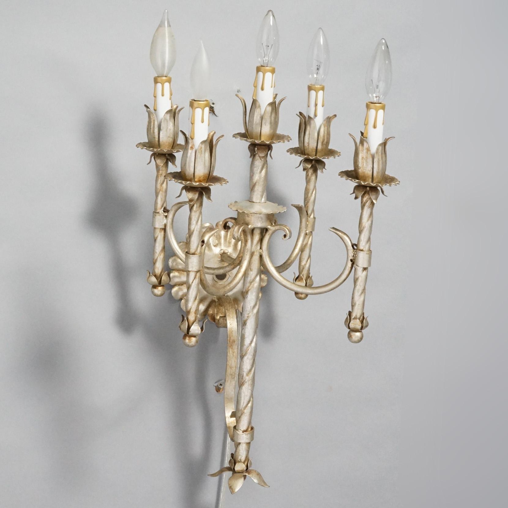 Antique Arts & Crafts Gothic Silvered Finish Candelabra Wall Sconces 20th C. For Sale 2