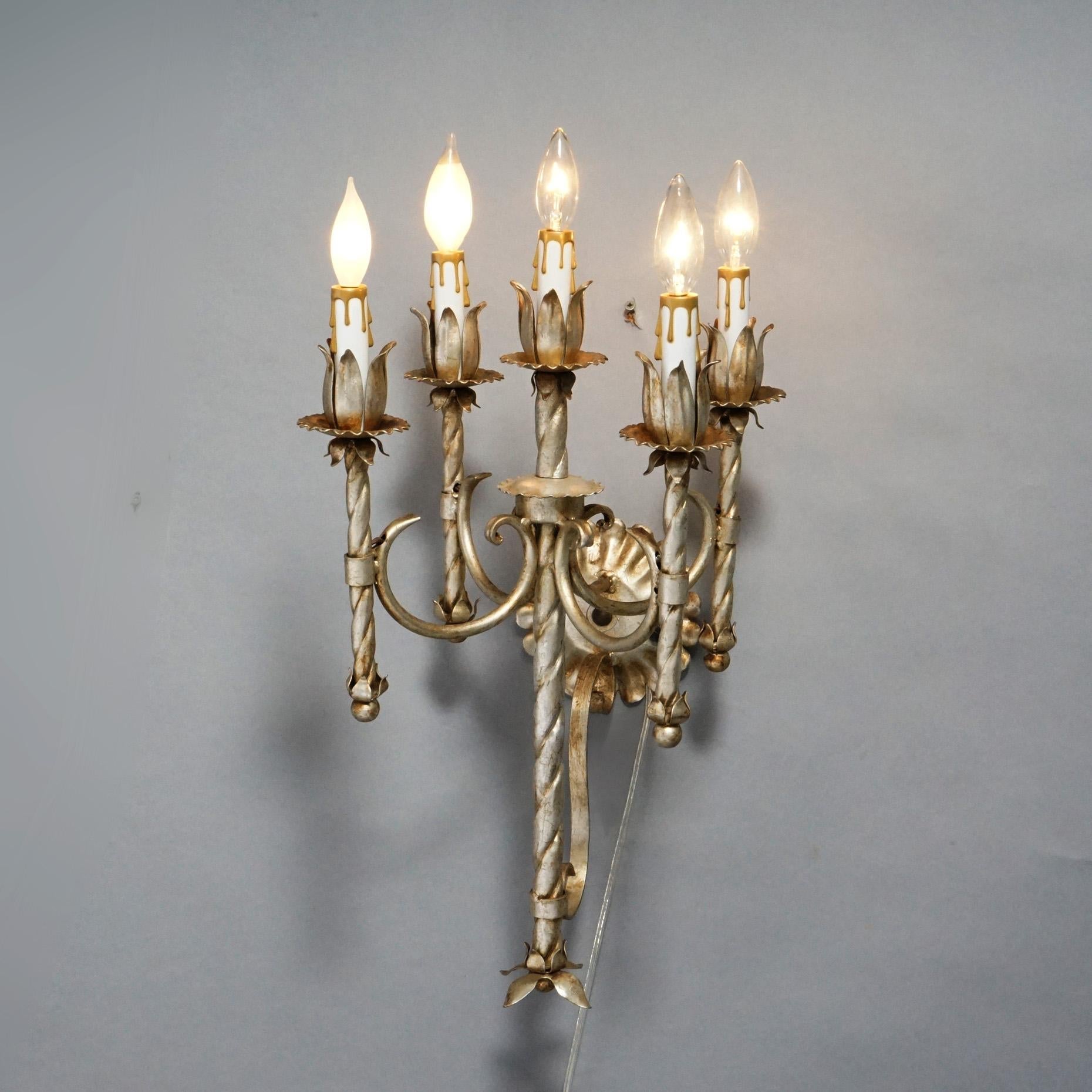Antique Arts & Crafts Gothic Silvered Finish Candelabra Wall Sconces 20th C. For Sale 3