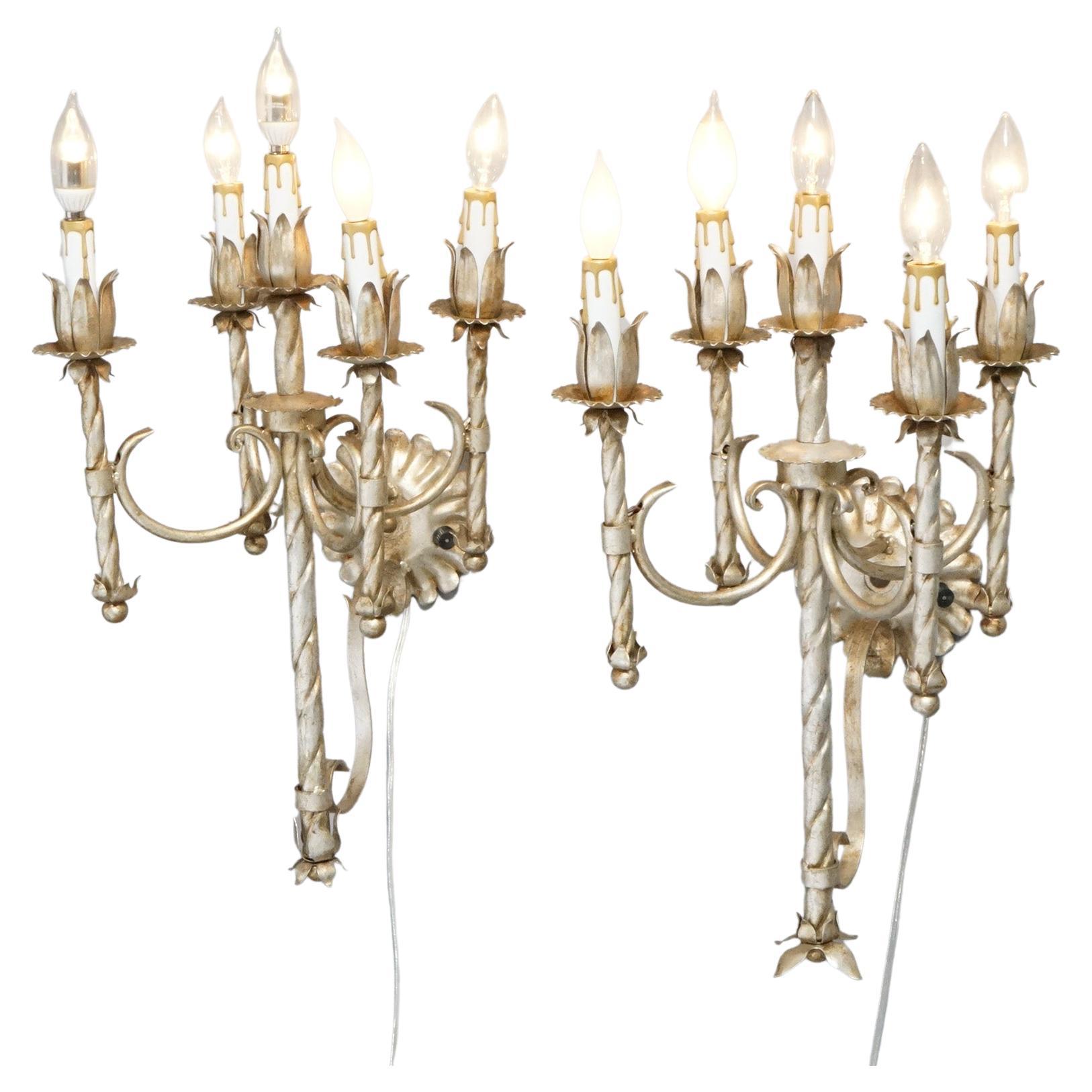 Antique Arts & Crafts Gothic Silvered Finish Candelabra Wall Sconces 20th C. For Sale