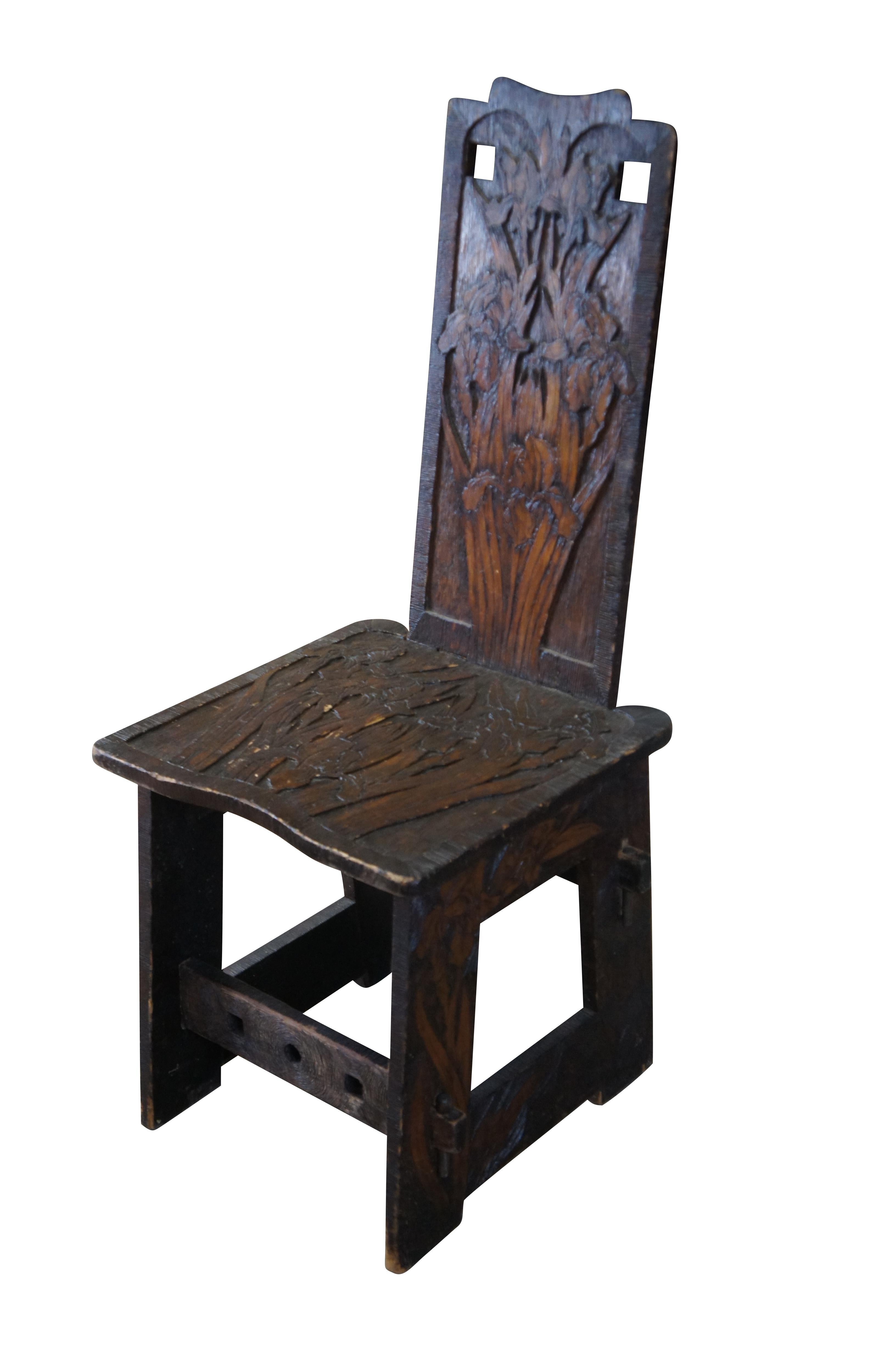 Arts and Crafts Antique Arts & Crafts Gothic Style Oak Chrysanthemum Carved Pyrography Chair