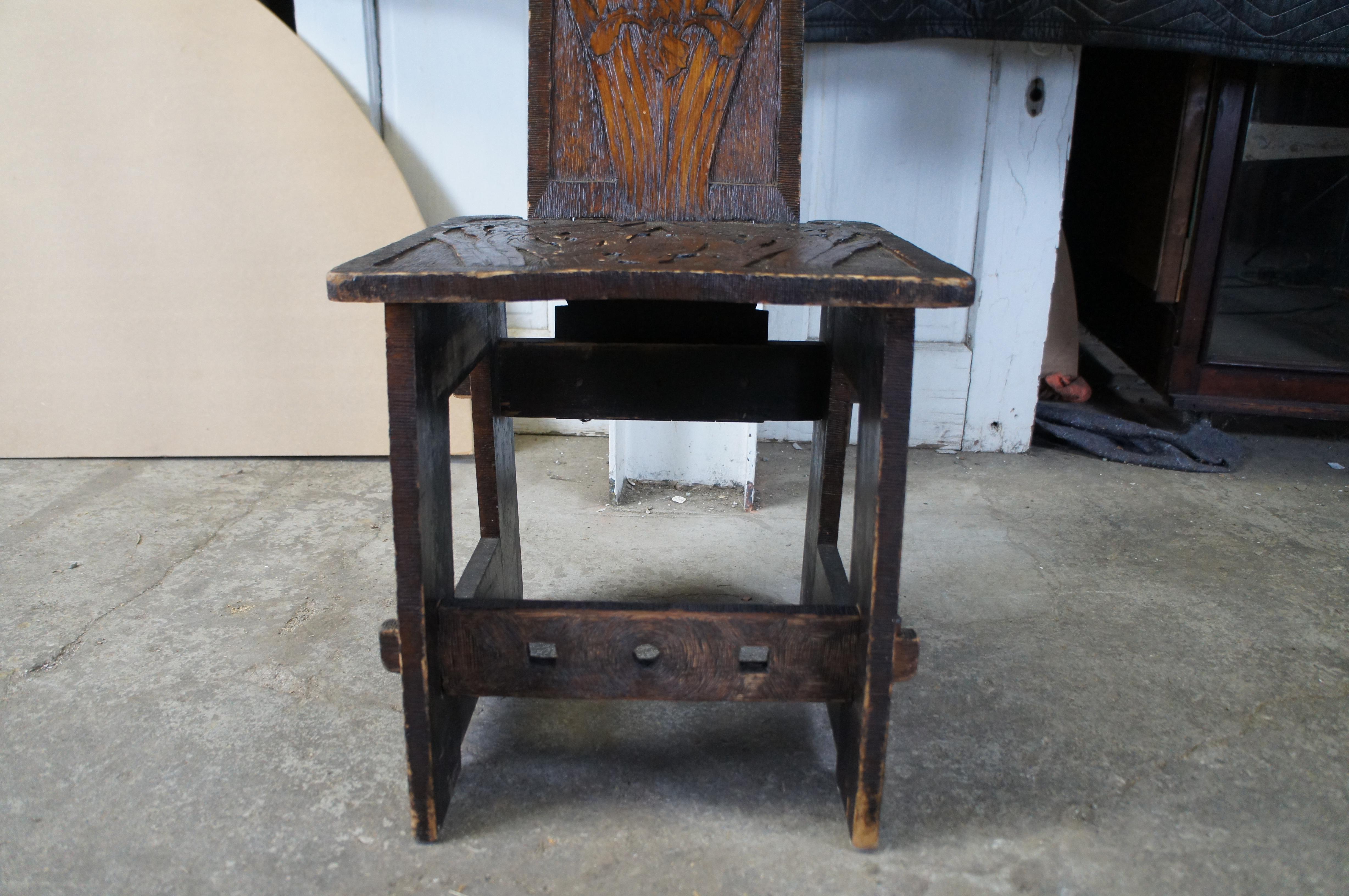 Antique Arts & Crafts Gothic Style Oak Chrysanthemum Carved Pyrography Chair 1