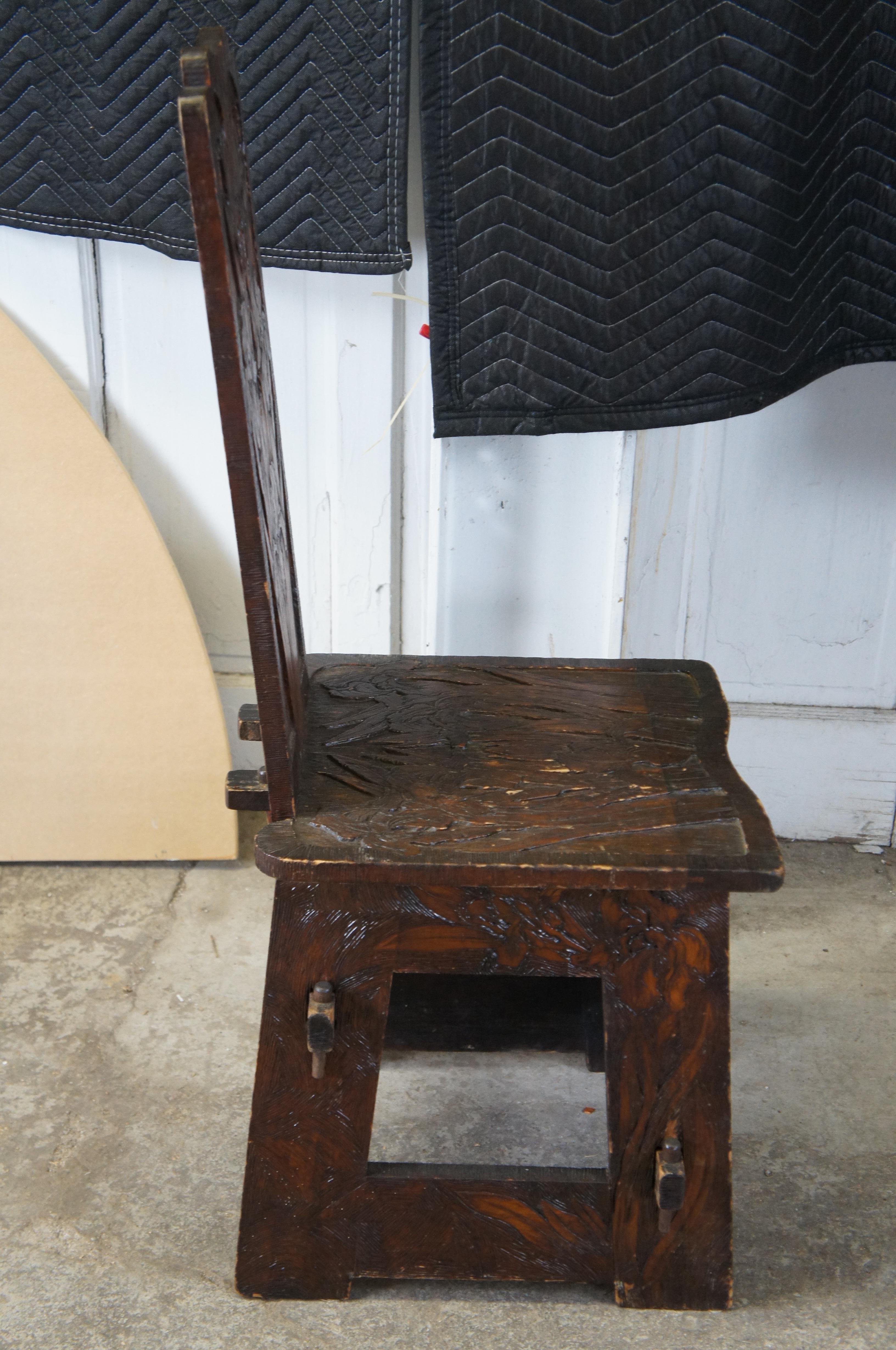 Antique Arts & Crafts Gothic Style Oak Chrysanthemum Carved Pyrography Chair 3