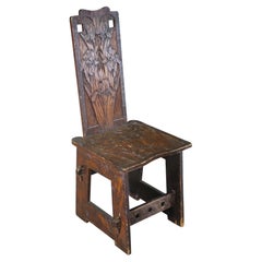 Antique Arts & Crafts Gothic Style Oak Chrysanthemum Carved Pyrography Chair