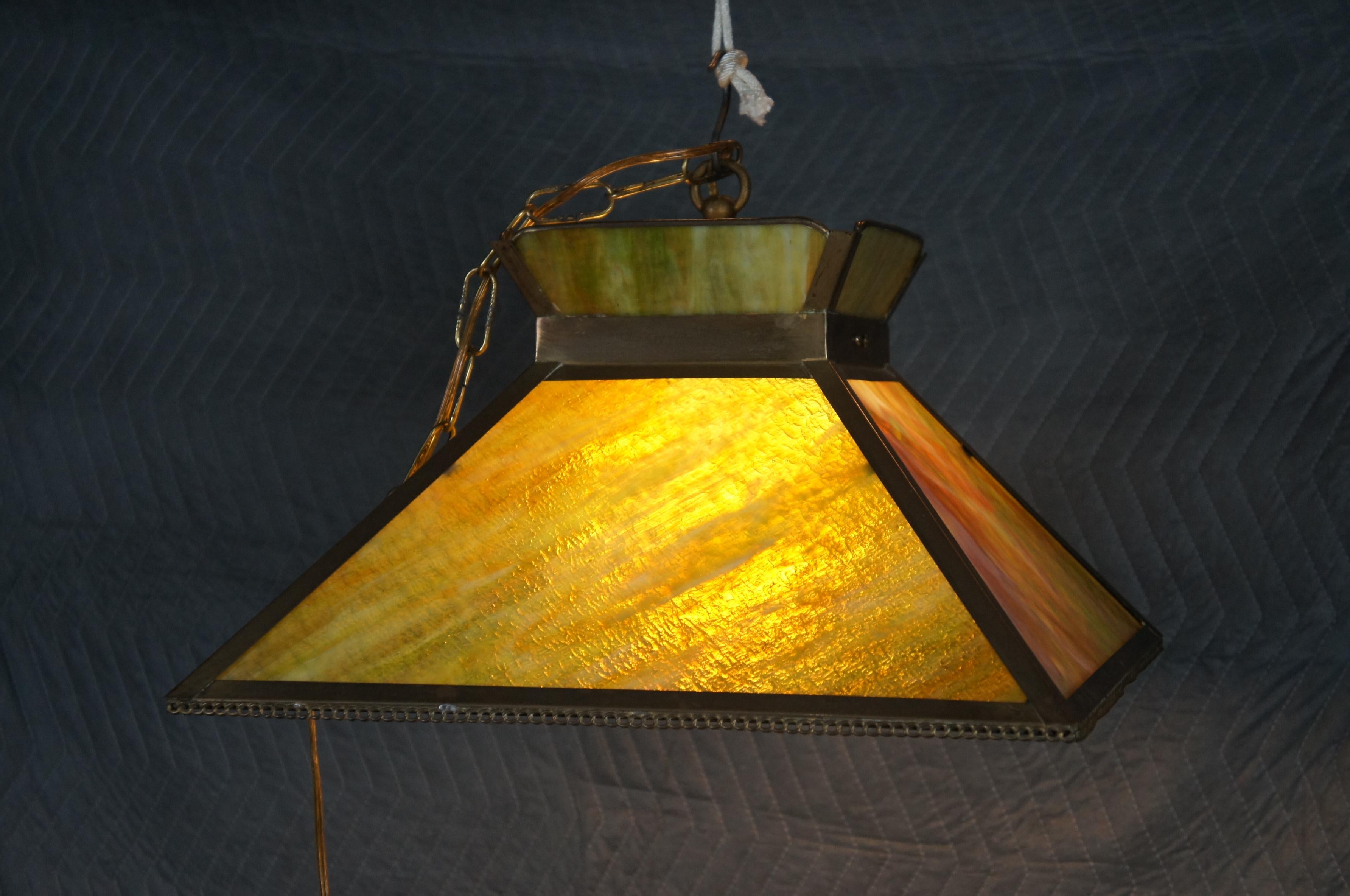 Antique Arts & Crafts Green Slag Glass Swag Pendant Light Chandelier Shade 18